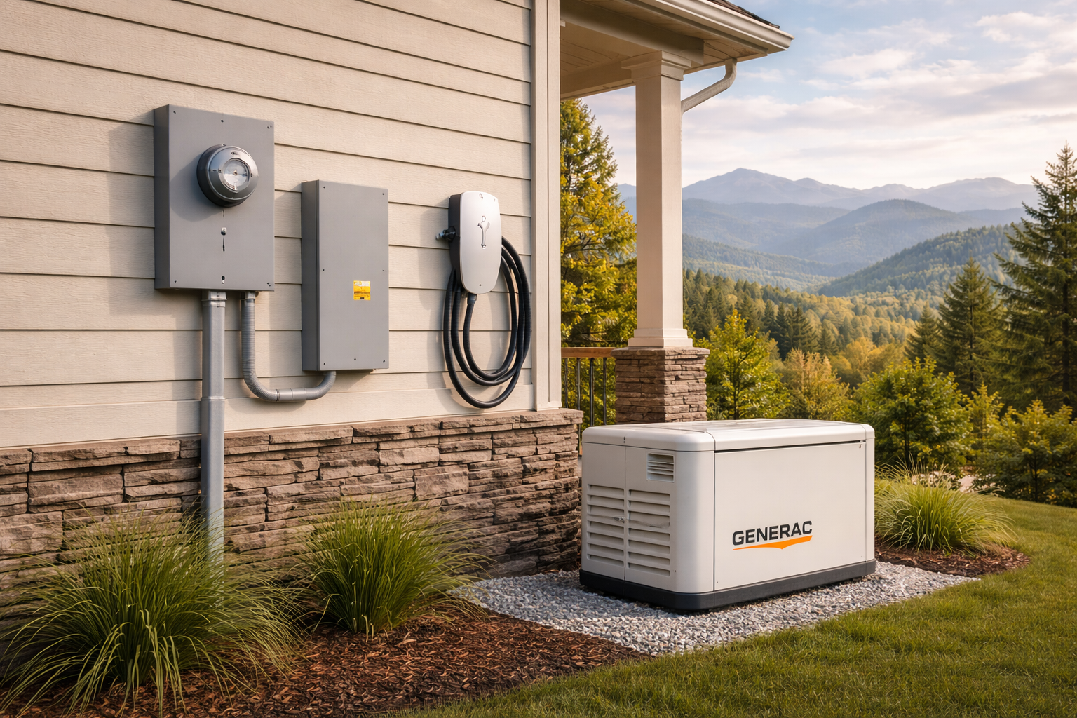Outdoor view of a house with electrical equipment and a Generac generator, surrounded by greenery and mountains in the background.