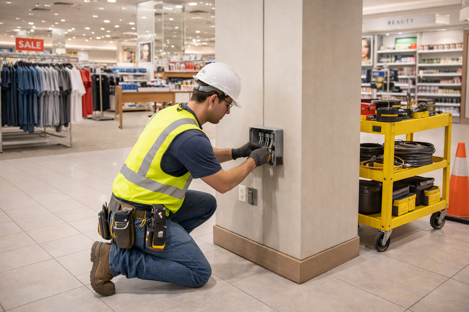 Electrician working on power outlet in a retail store, wearing a high-visibility vest, hard hat, and tool belt, with tools and equipment on a yellow cart nearby.