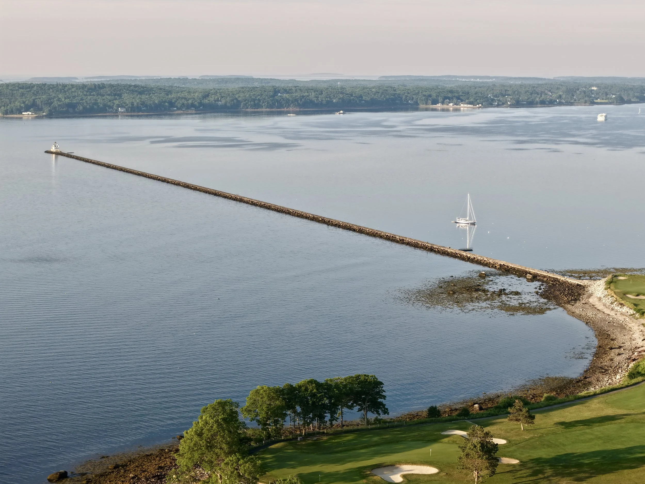 A peaceful view of a large body of water with a long pier extending into it, featuring a small lighthouse at the end. Several boats are sailing on the water, and a dense forest lines the far shore. In the foreground, there is a grassy area with scatt