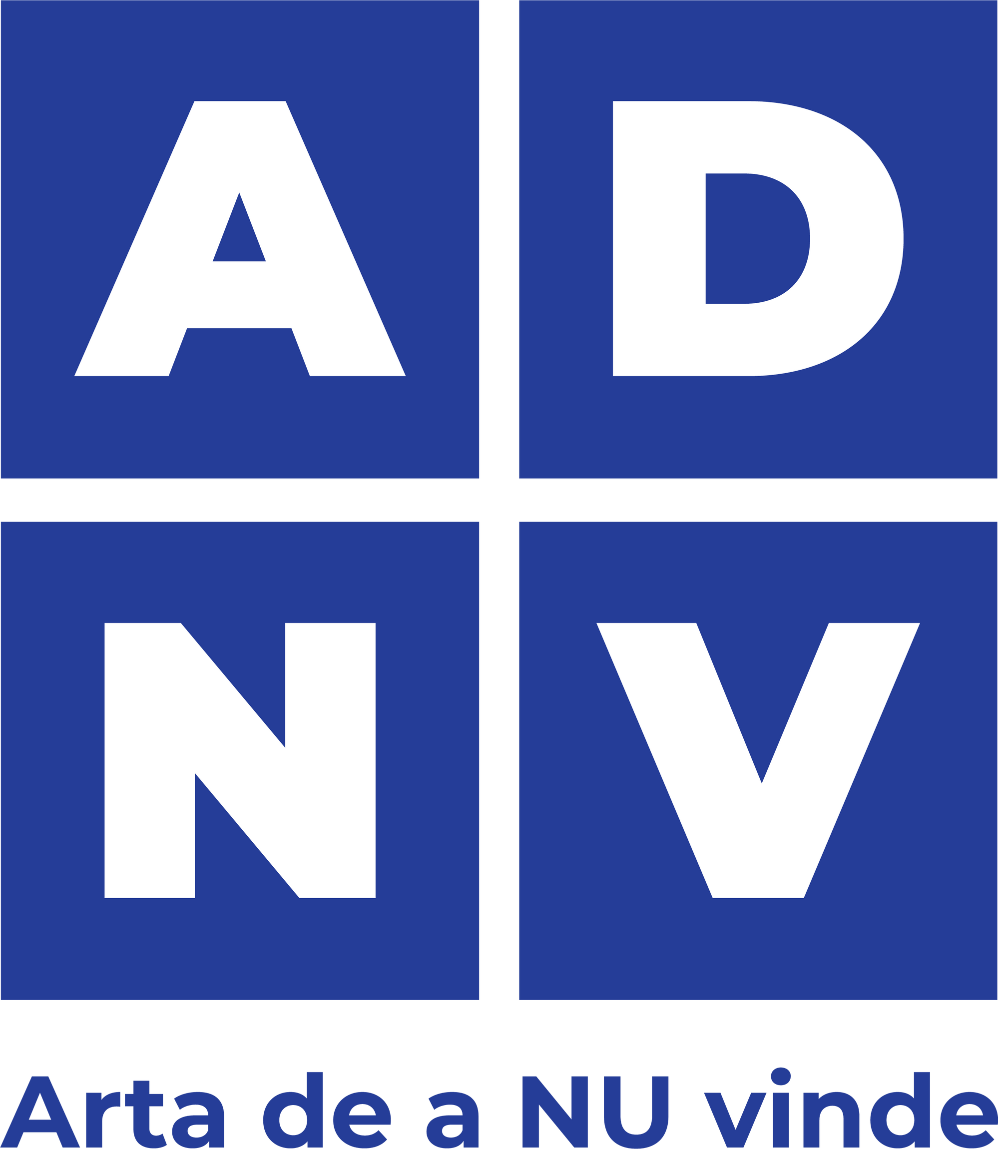A 2x2 grid with blue background and white letters spelling 'AD' in the upper right quadrant and 'NV' in the lower left quadrant, separated by black lines. Beneath the grid, the phrase 'Arta de a NU vinde' is written in blue.