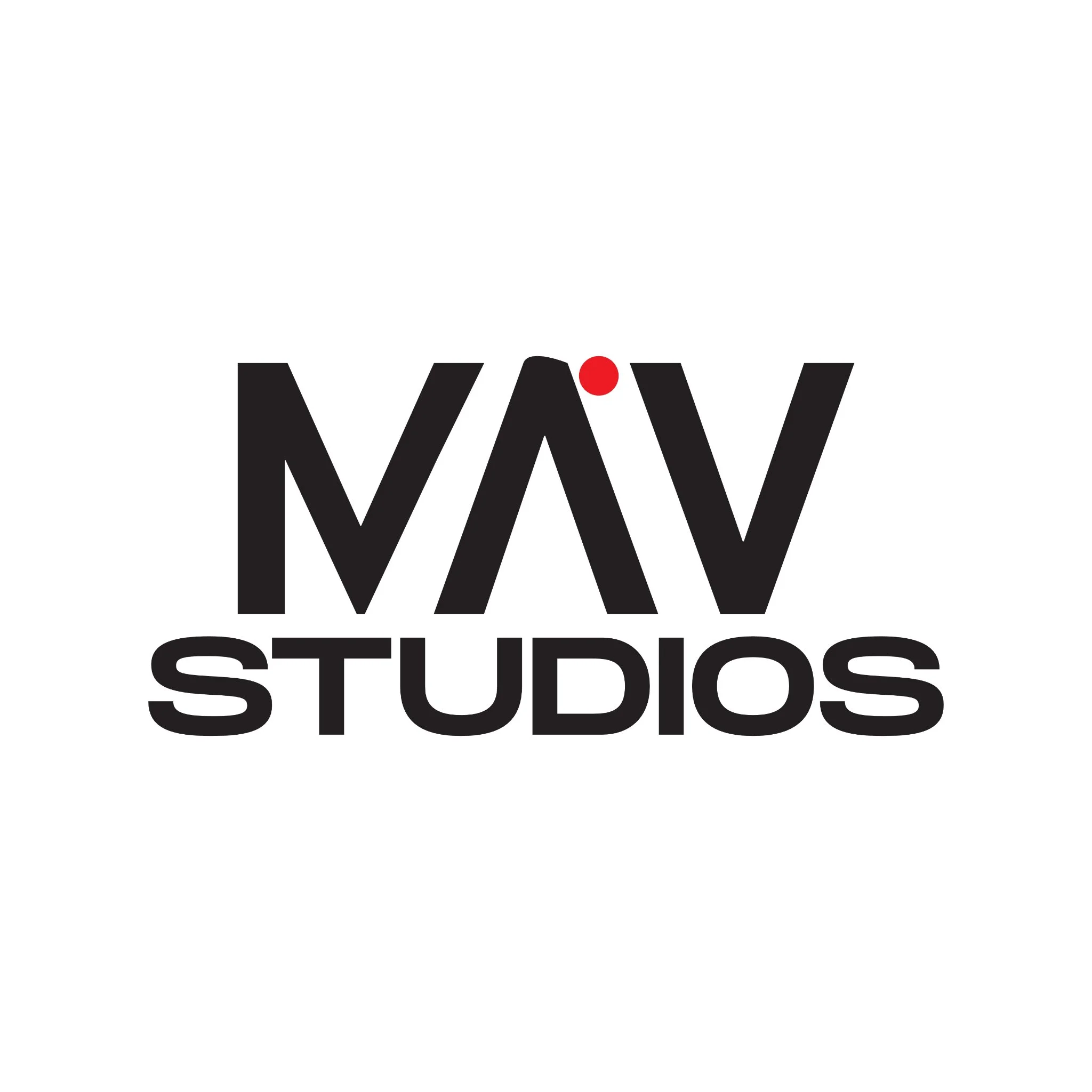 Logo for MAV Studios with black text and a red dot on the letter 'A' in MAV