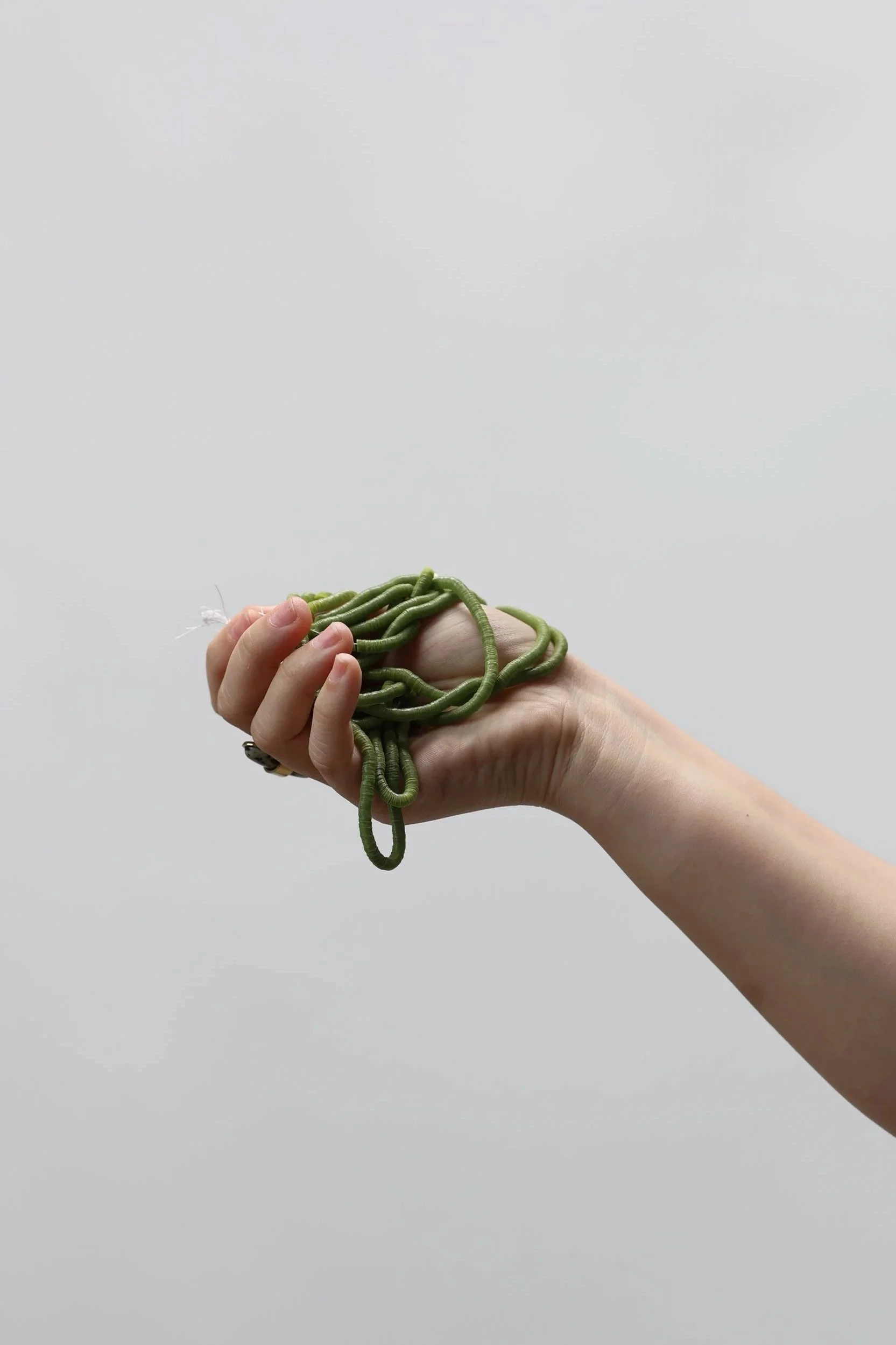 Une main tient une chaîne de plusieurs serpents verts enroulés.