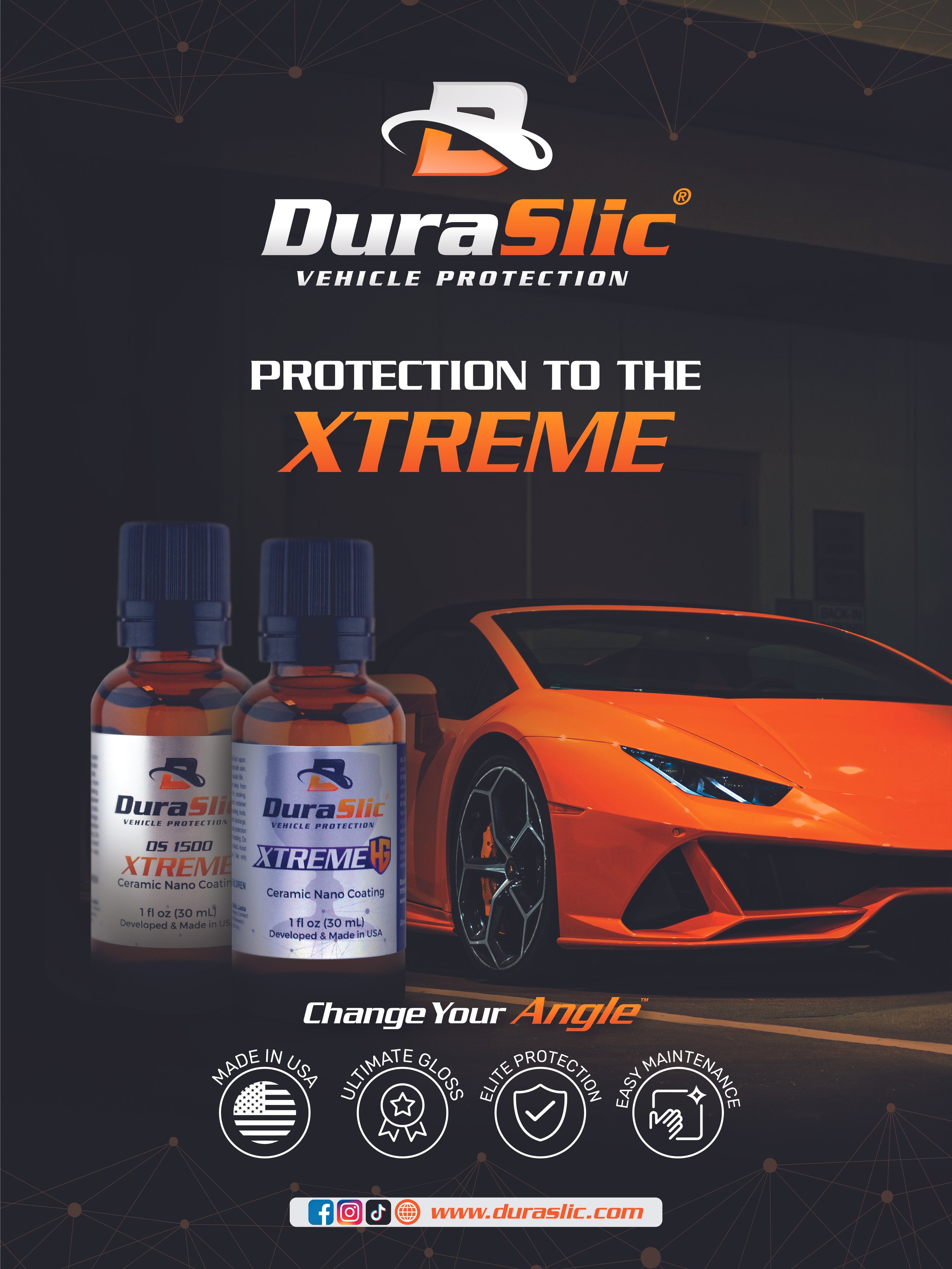 Advertisement for DuraSlic vehicle protection, featuring two bottles of ceramic nano coating products and an orange sports car. Highlights include protection to the extreme, made in the USA, ultimate gloss, elite protection, and easy maintenance. Website and social media icons included.