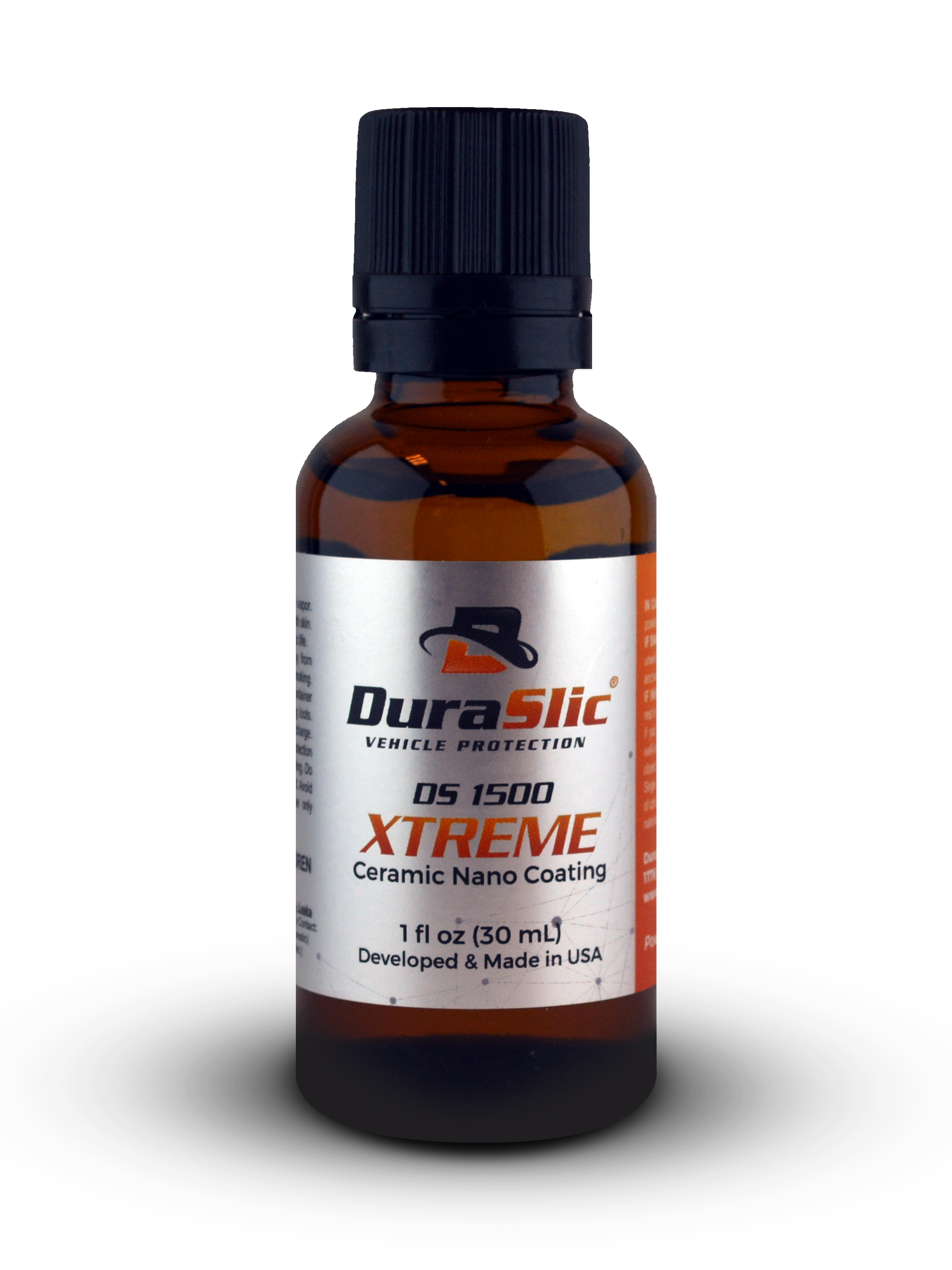 Amber glass bottle of DuraSlic DS 1500 XTREME Ceramic Nano Coating for vehicles, with a black screw cap and a white label indicating 1 fl oz (30 mL), developed and made in the USA.