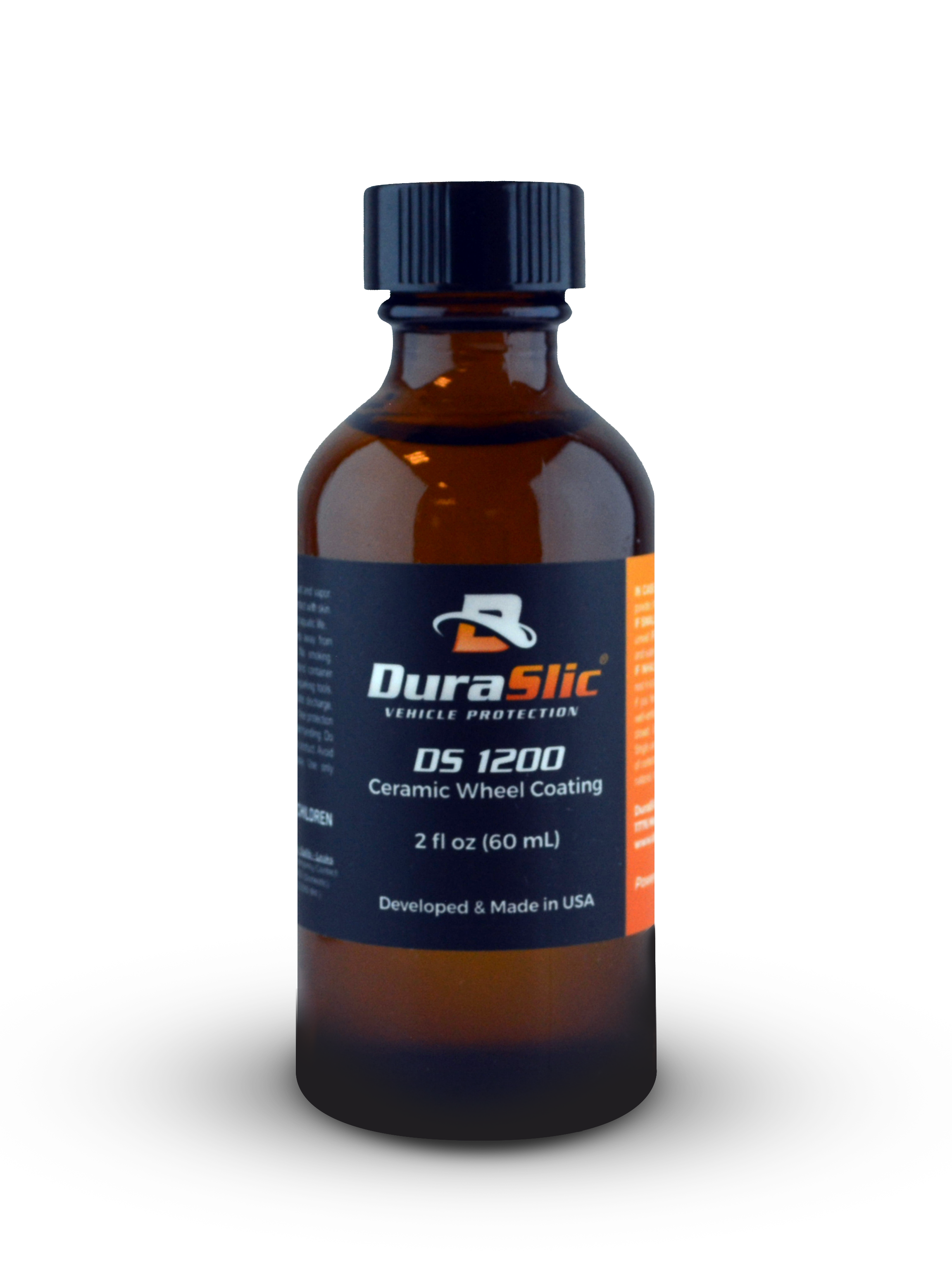 A small amber glass bottle labeled 'DuraSlic DS 1200 Ceramic Wheel Coating,' 2 fl oz (60 mL), developed and made in the USA.