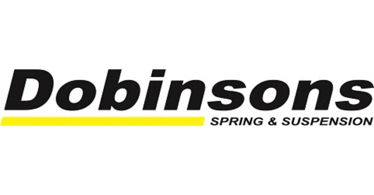 Logo of Dobinsons Spring & Suspension with black text, a yellow line beneath, and smaller black text on a white background.