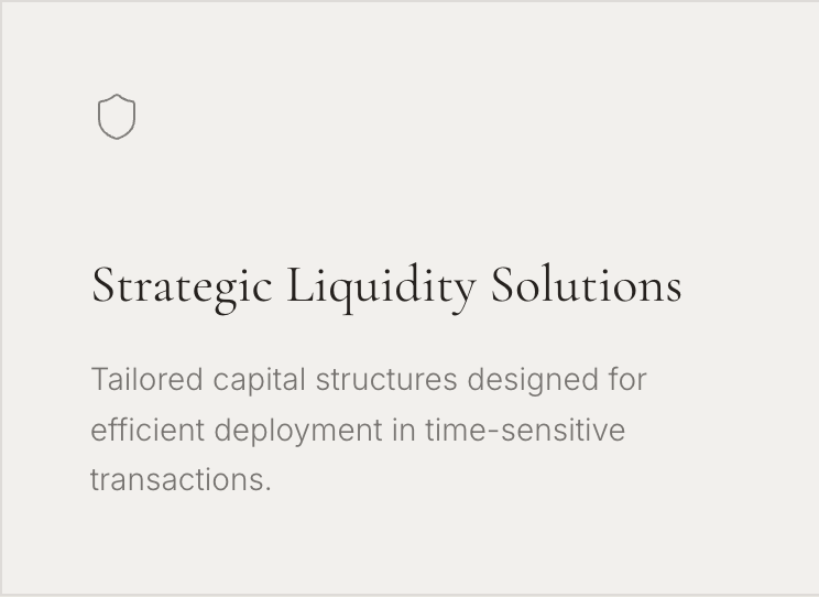 A presentation slide with a title "Strategic Liquidity Solutions" and the subtitle "Tailored capital structures designed for efficient deployment in time-sensitive transactions." The slide has a simple, minimalist design with a shield icon in the top left corner.