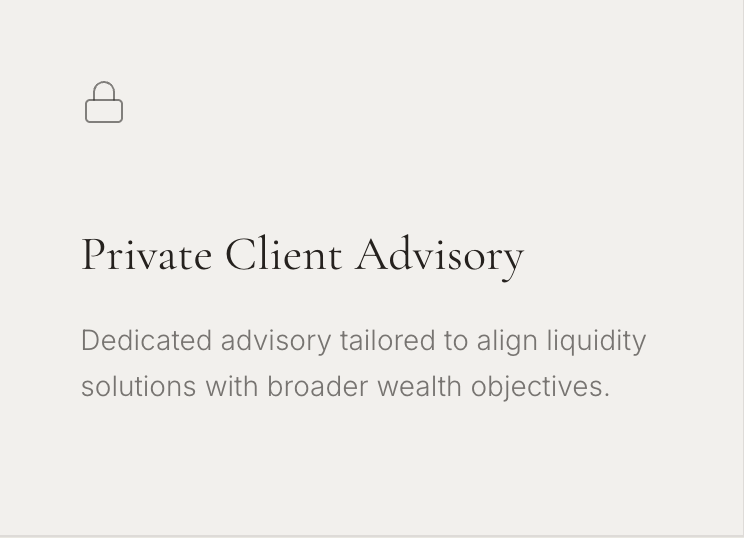 Slide titled 'Private Client Advisory' with a lock icon in the top left corner. Text describing tailored advisory services to align liquidity solutions with broader wealth objectives.