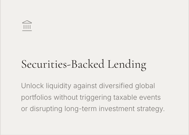 Securities-backed lending service with a logo of a house and columns, and text about unlocking liquidity without triggering taxable events.