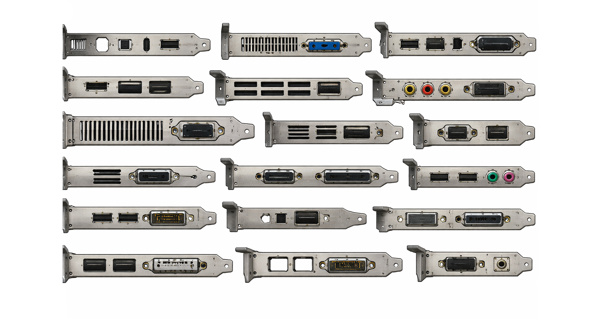 Collection of various computer video card input/output ports including HDMI, DVI, VGA, DisplayPort, USB, and audio jacks.