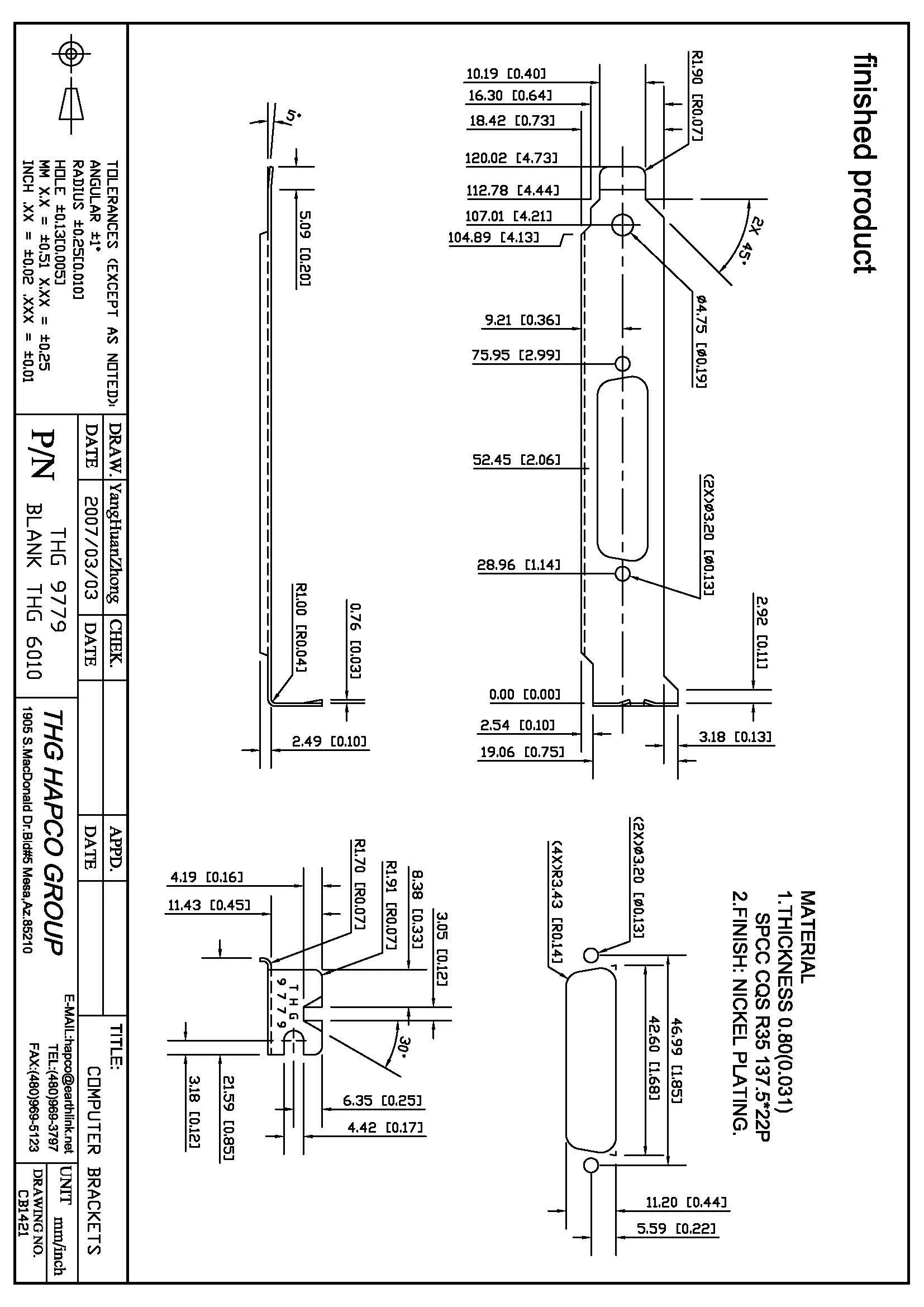 THG 9779 Full-Height PCI Bracket – DB9 Cutout – Nickel-Plated SPCC Steel