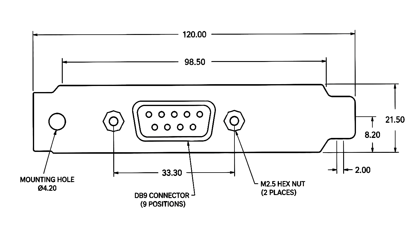 Technical drawing of a metal bracket with a DB9 connector, two mounting holes, and two M2.5 hex nuts, with detailed dimensions in millimeters.