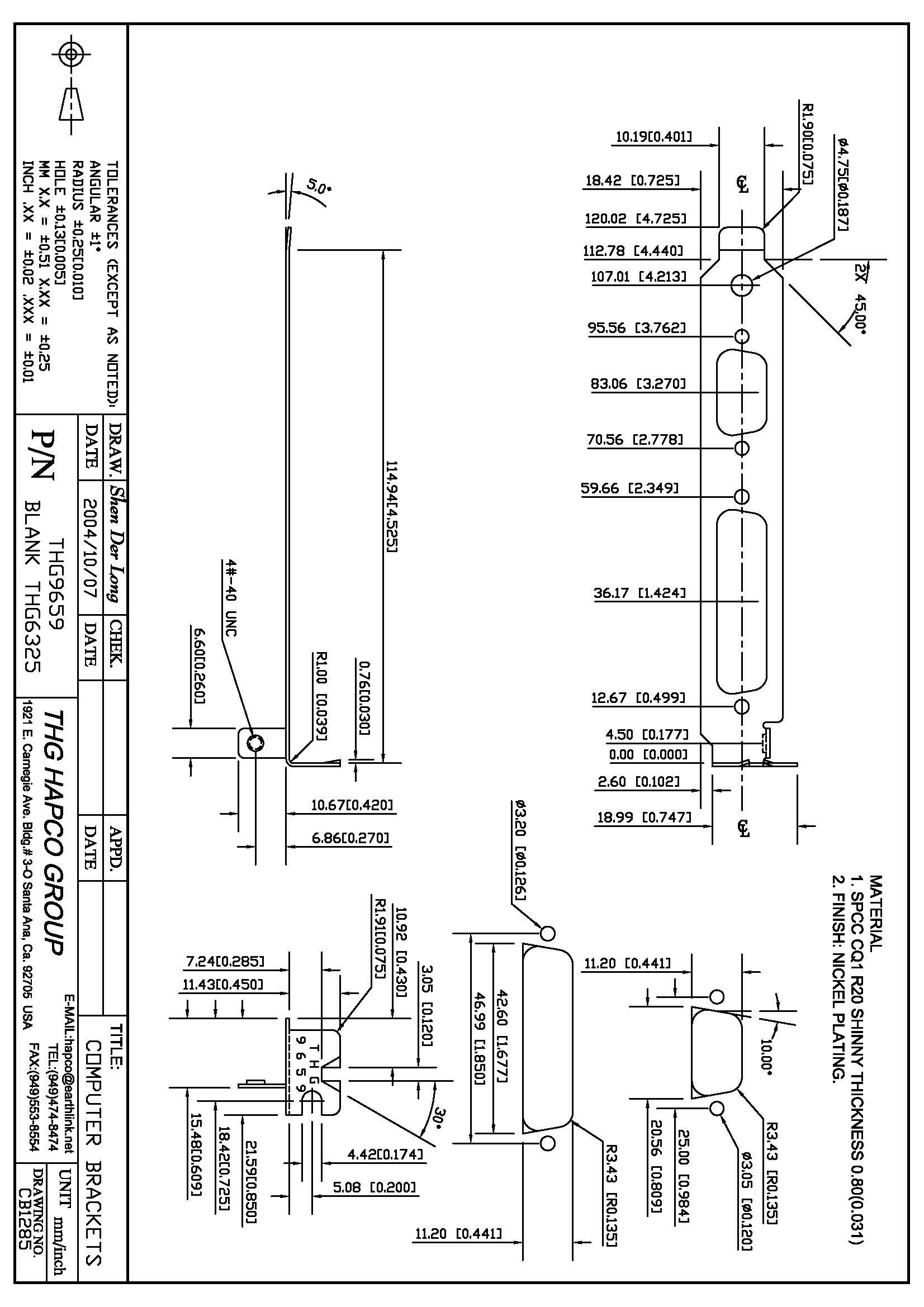 THG 9659 Full-Height PCI Bracket – DB9 Cutout with Threaded Inserts – Nickel-Plated Steel