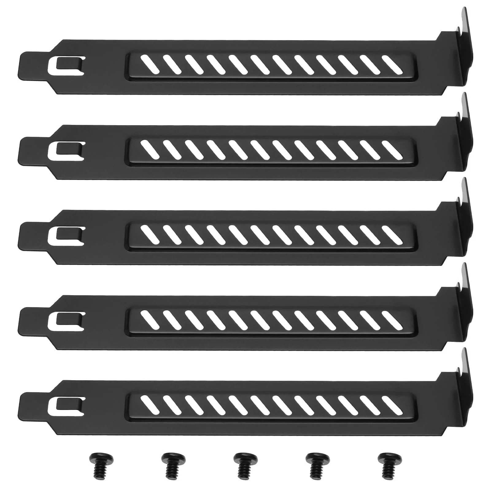 Four black computer RAM heatsinks with screws at the bottom.