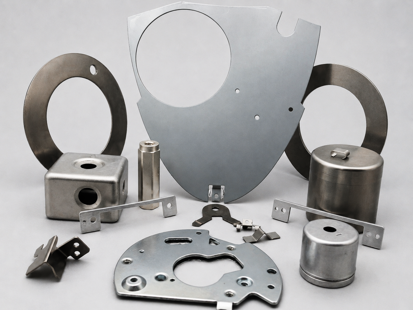 Various metallic mechanical parts, including rings, blocks, plates, and small hardware components on a light background.