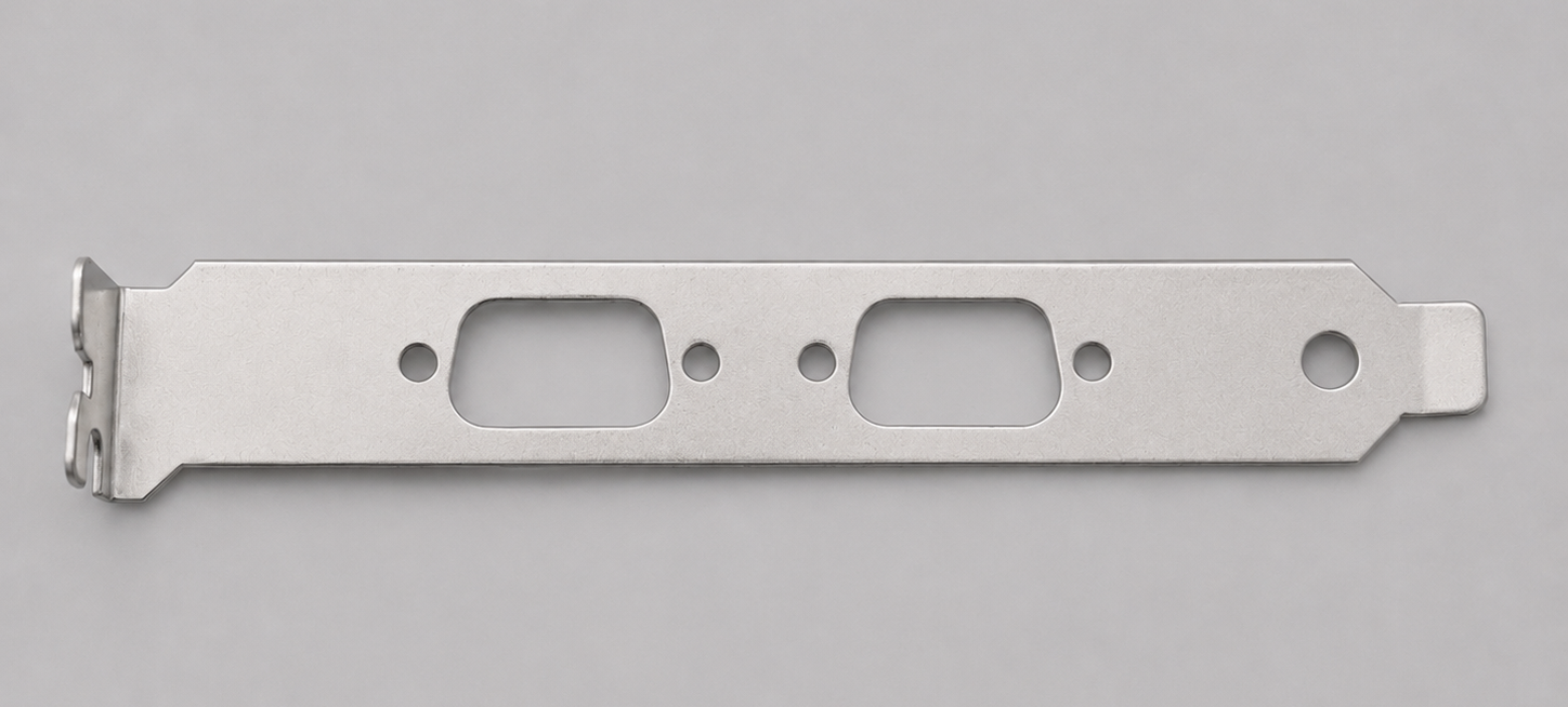 A metal computer expansion slot bracket against a plain background.