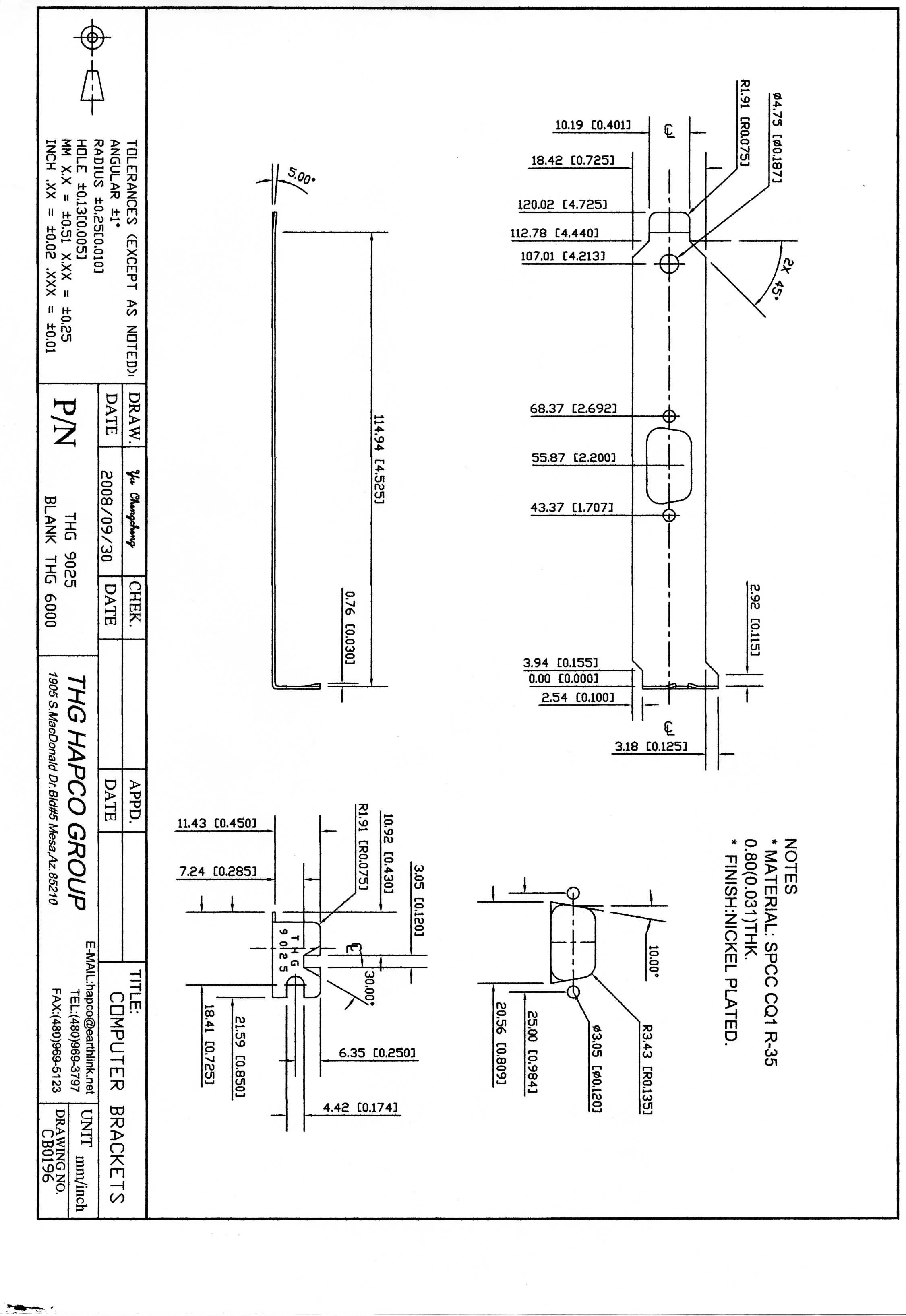 THG 9025 Full-Height PCI Bracket – Standard DB9 Cutout – Nickel-Plated Steel