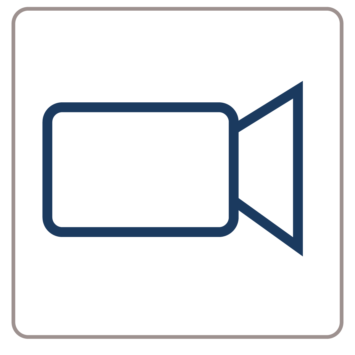 Video camera icon on a black background, outlined in dark blue with a gray border.