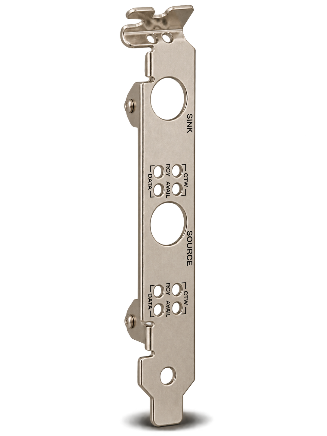 A metal circuit board with labeled ports and connections, including 'SINK', 'SOURCE', 'DATA', and multiple signal labels.