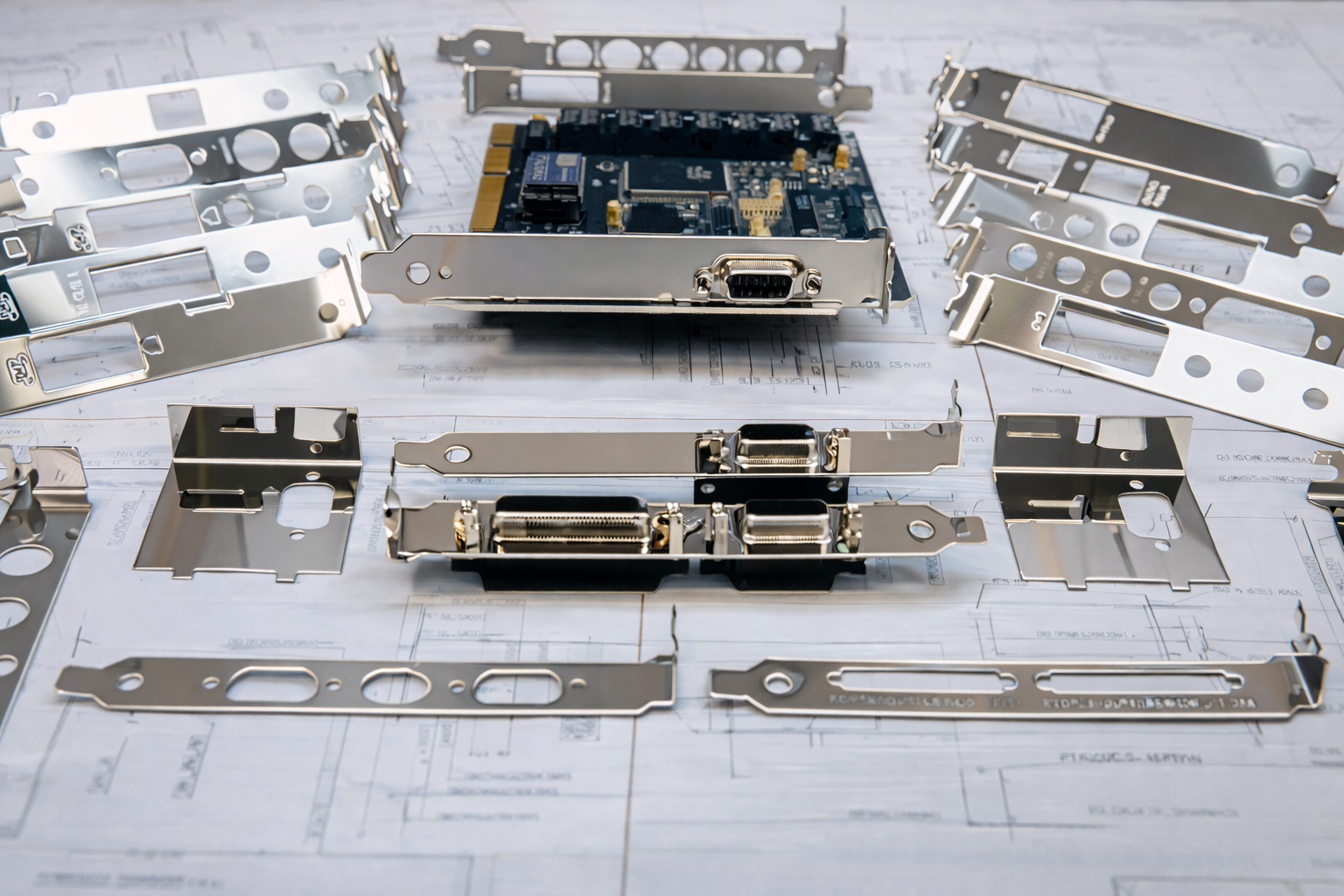 Electronic computer parts and metal brackets arranged on technical drawings.