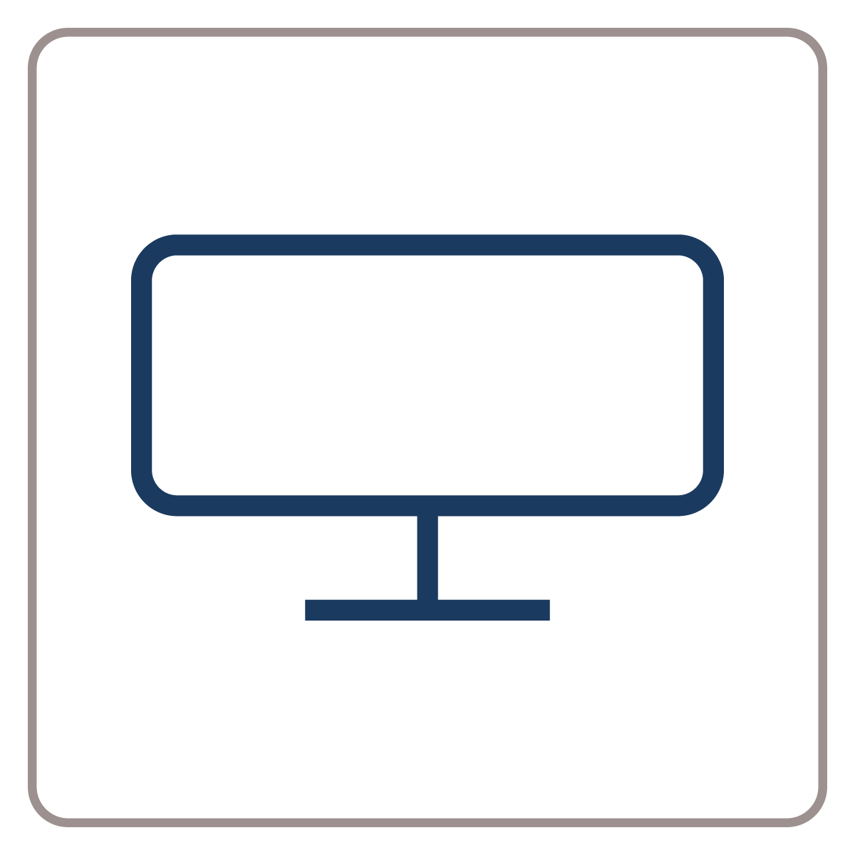 Icon of a computer monitor on a black background, outlined with dark blue lines.