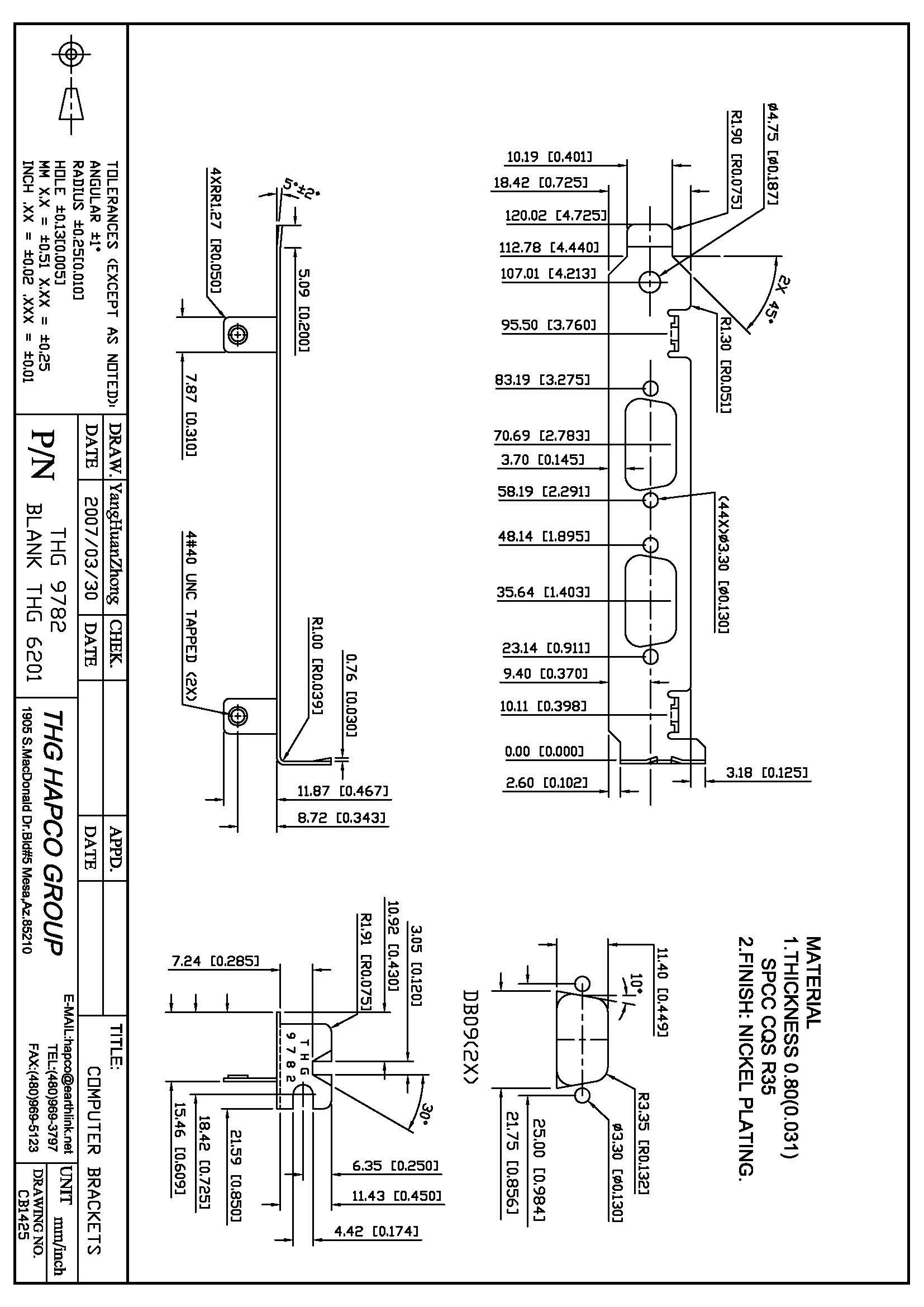 THG 9782 Full-Height PCI Bracket – Dual DB9 Cutouts – Nickel-Plated SPCC Steel