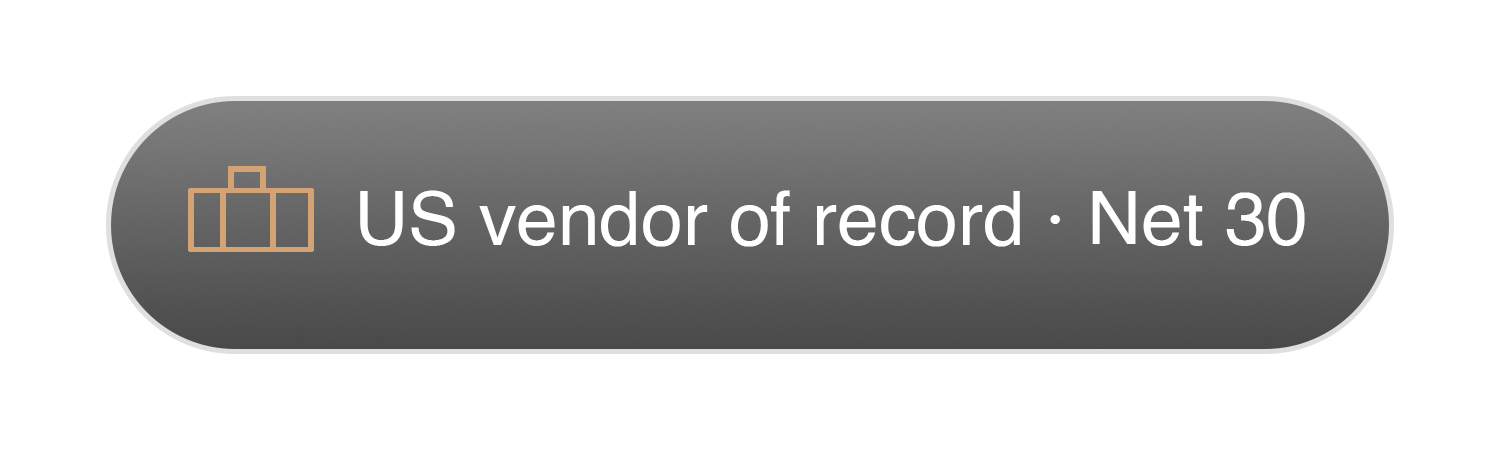 Gray oval badge with a suitcase icon and the text "US vendor of record · Net 30" in white