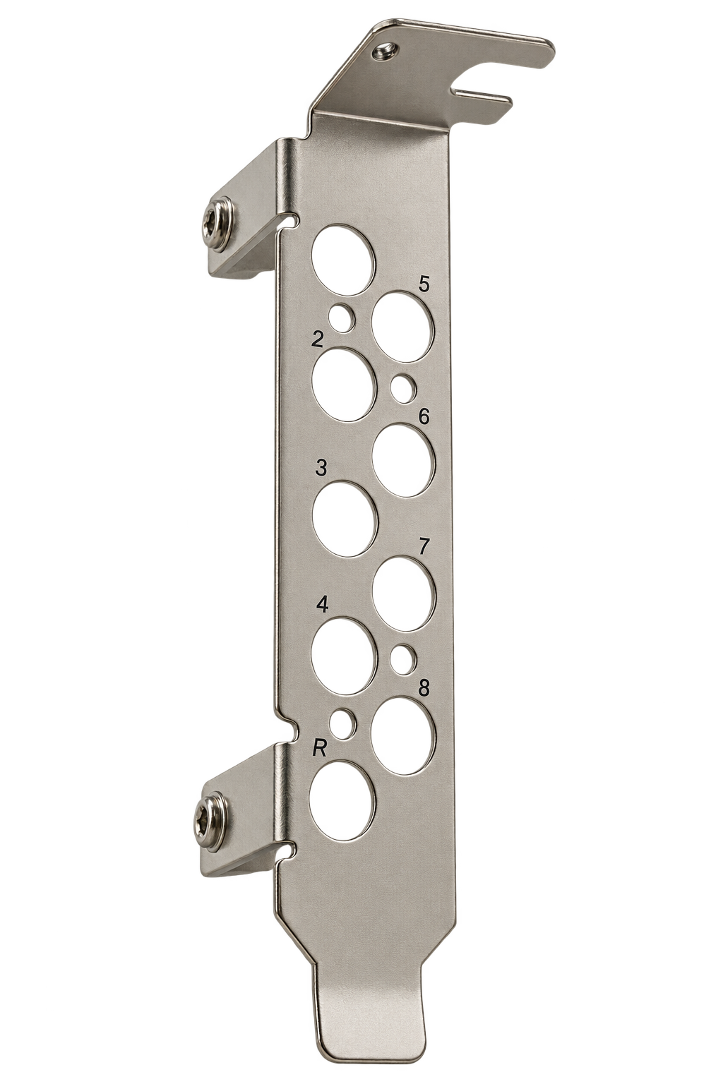 A metal surgical instrument with numbered circular holes and adjustable parts, displayed against a dark background.