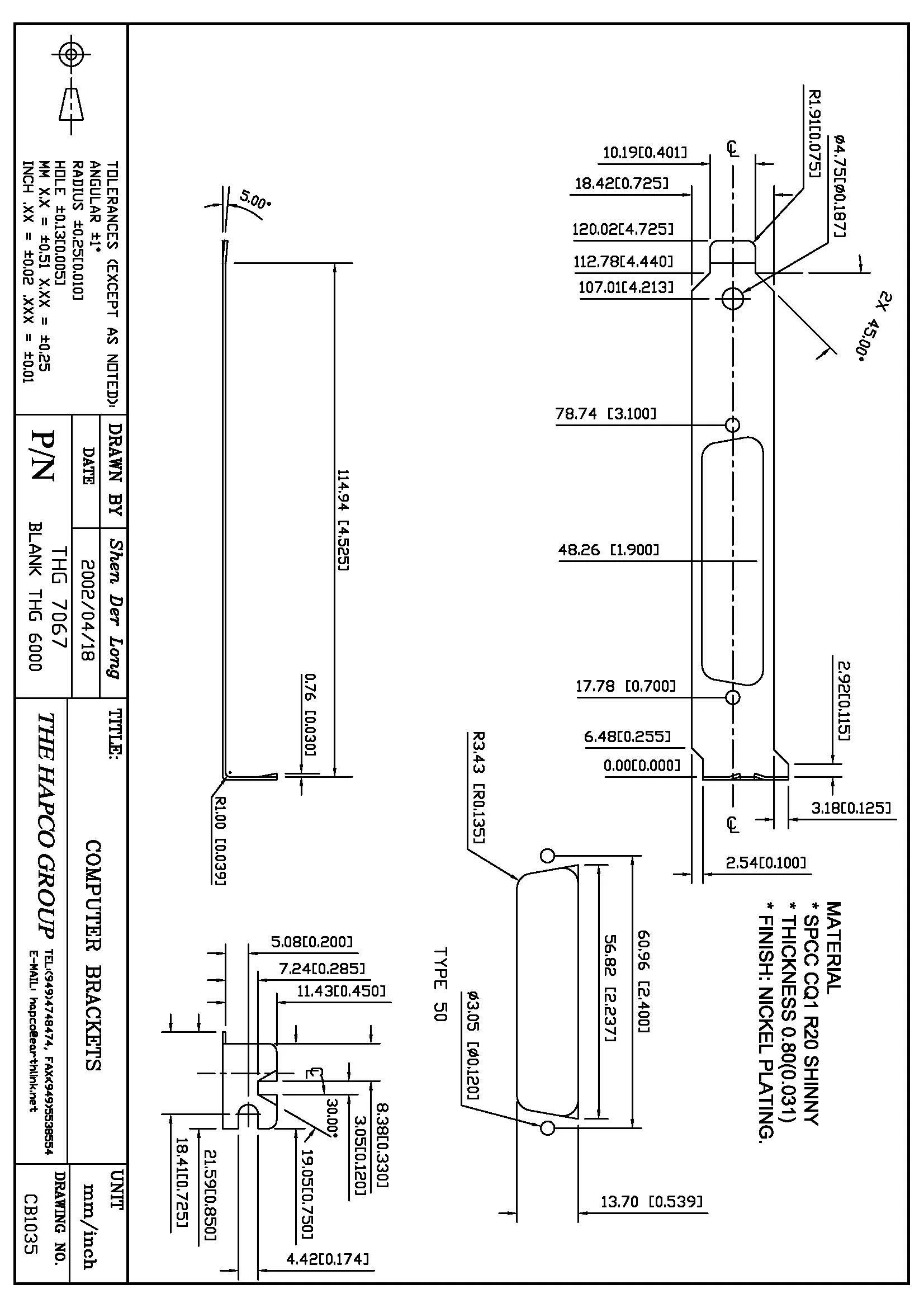 THG 7067 Full-Height PCI Bracket – DB50 Cutout – Nickel-Plated SPCC Steel