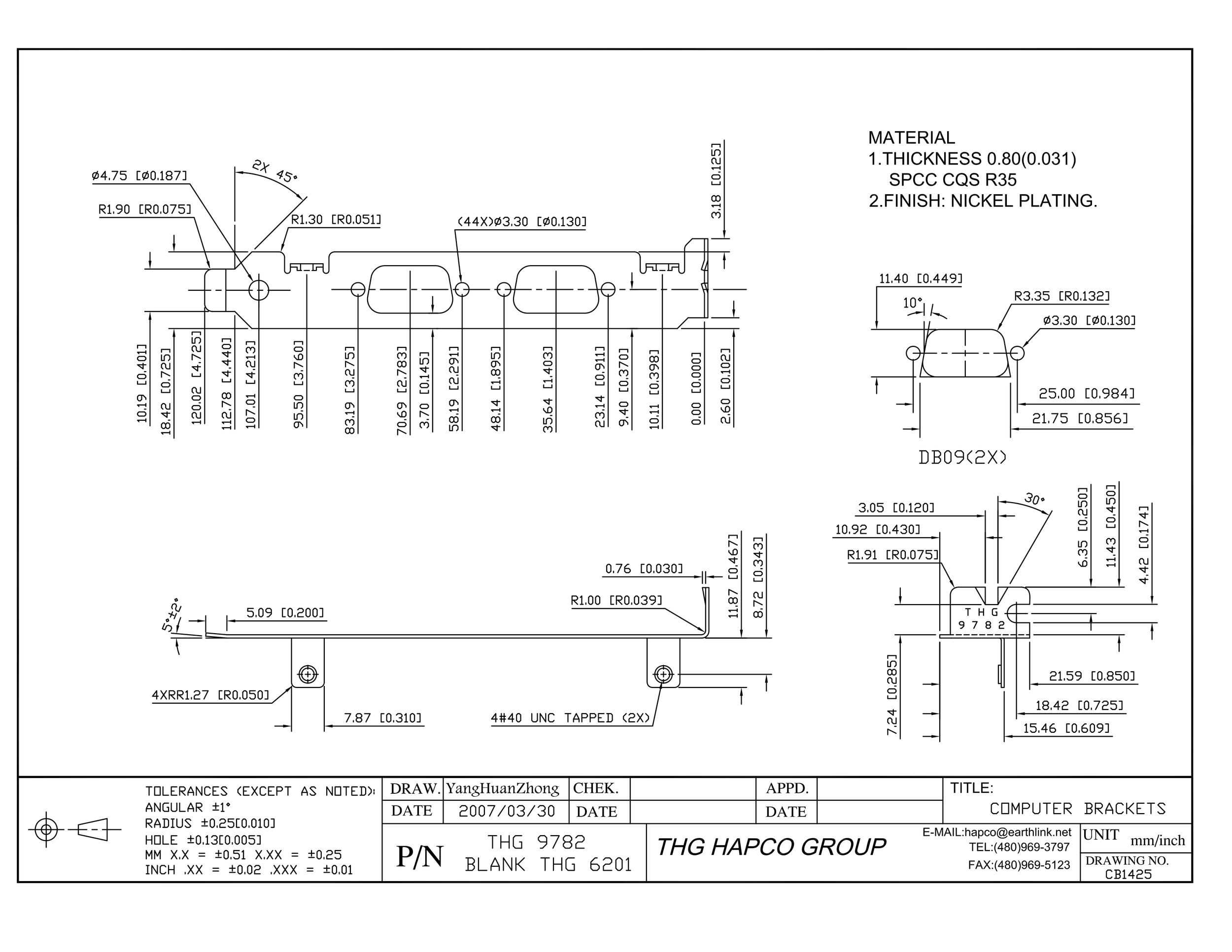 A detailed technical drawing of a computer bracket with measurements and specifications.