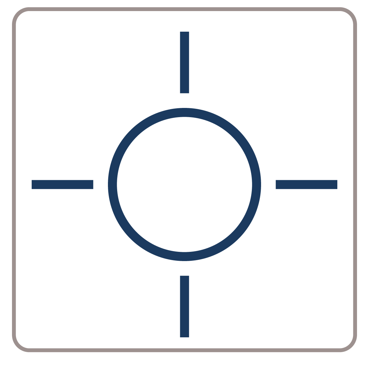 Target crosshairs icon with a circle and four lines radiating outwards, on a black background with a gray border.