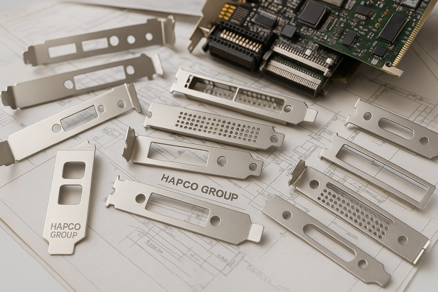 Metal computer hardware parts and a circuit board on technical blueprints