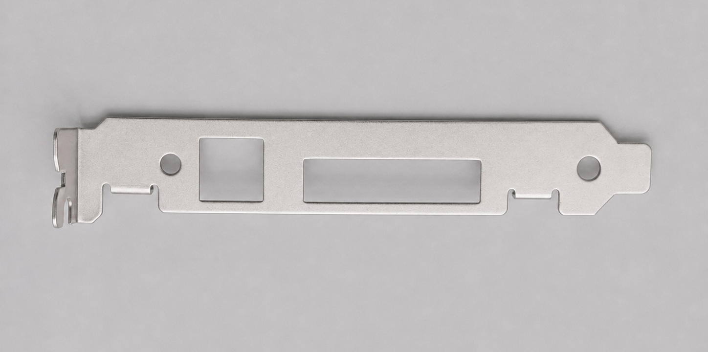 A metal computer hardware component, possibly a mounting bracket or adapter, with cutouts and holes.