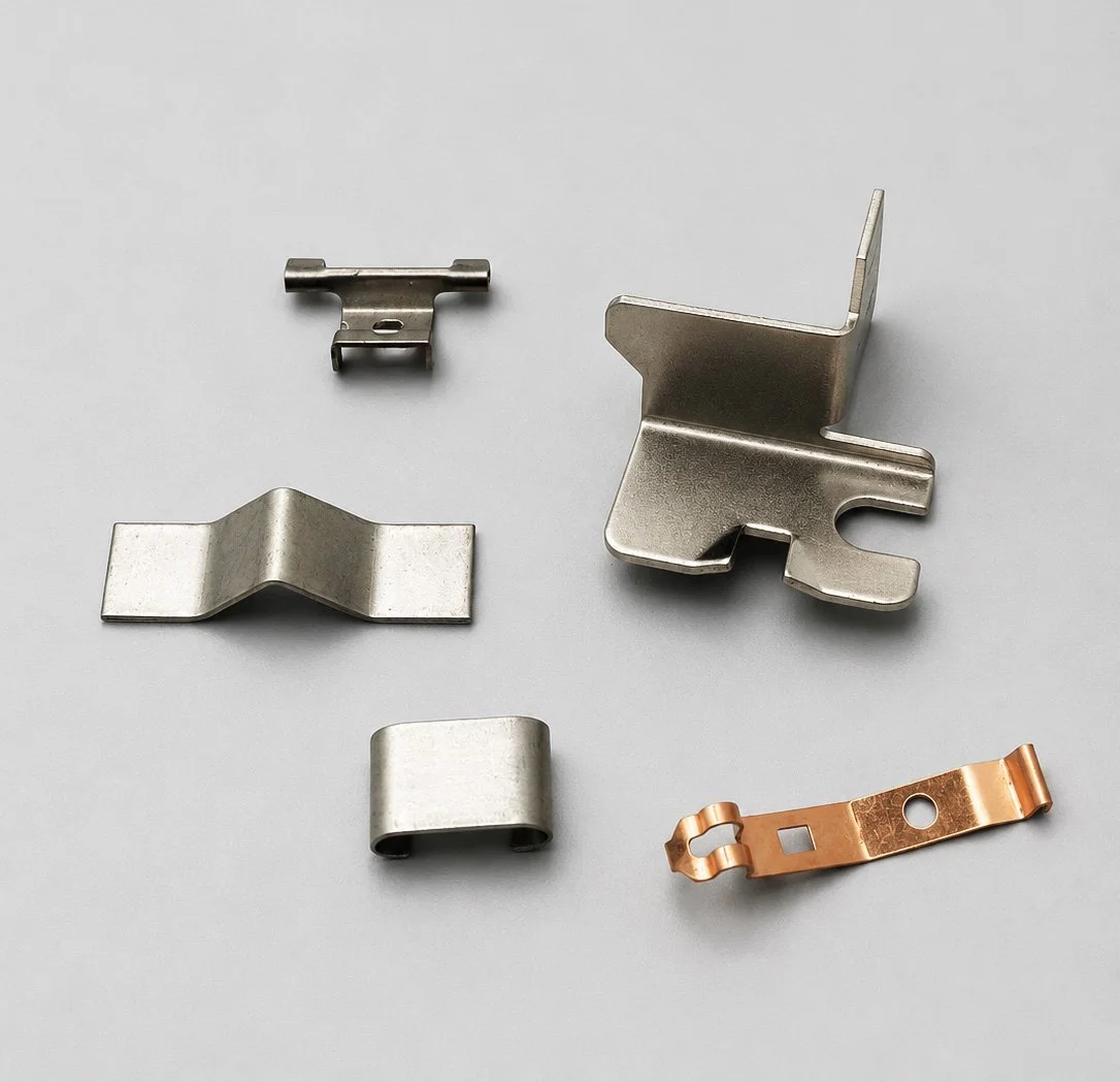 Five metal mechanical parts, including a small clip, several bends, and a copper-colored component, arranged on a flat surface.