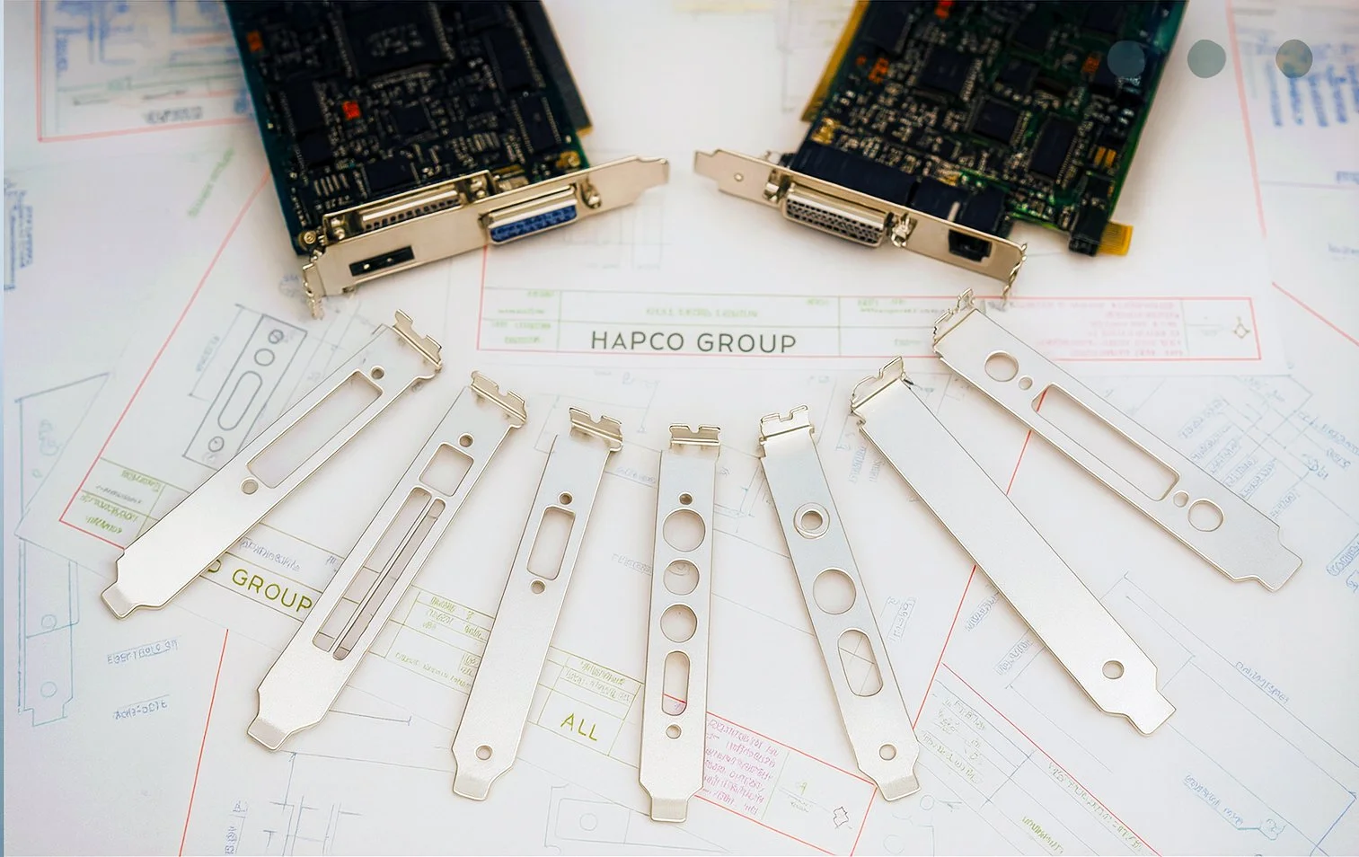 Two computer graphics cards surrounded by metal spacers and technical drawings on paper.