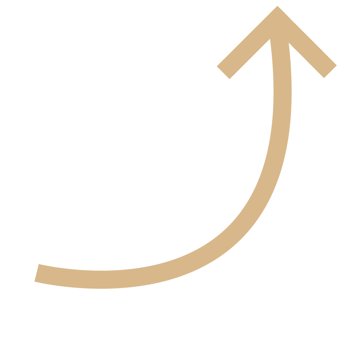 Tan curved arrow pointing upward and to the right on a black background.