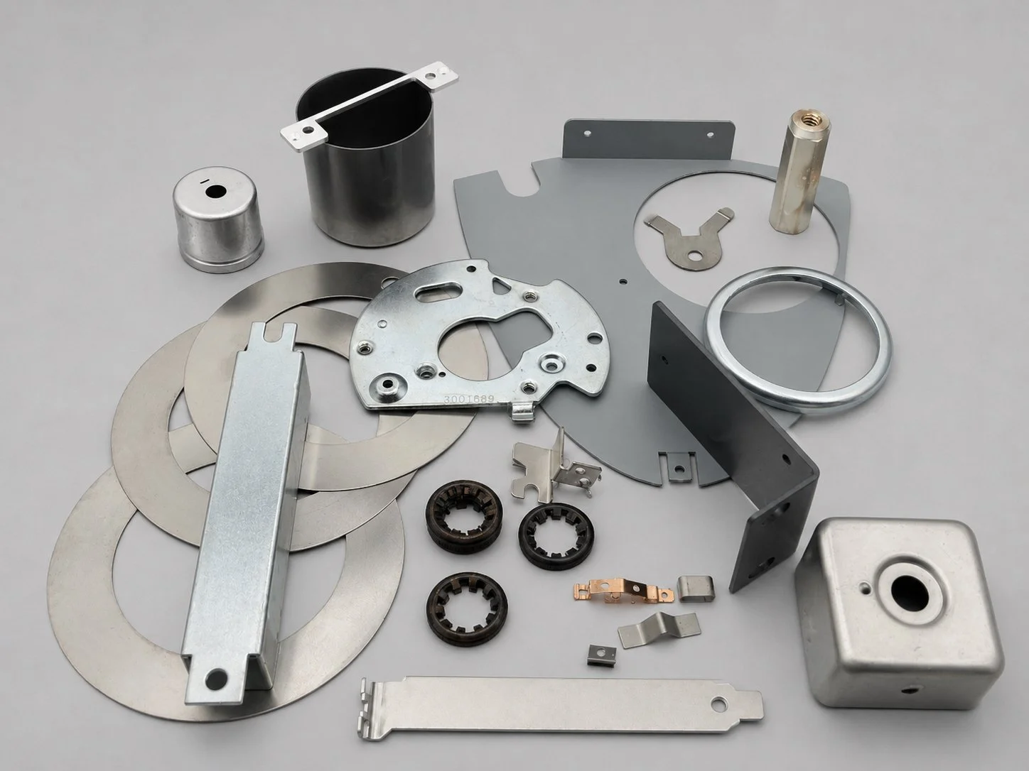 Various metal mechanical parts and components laid out on a flat surface, including rings, plates, brackets, and small detailed pieces.