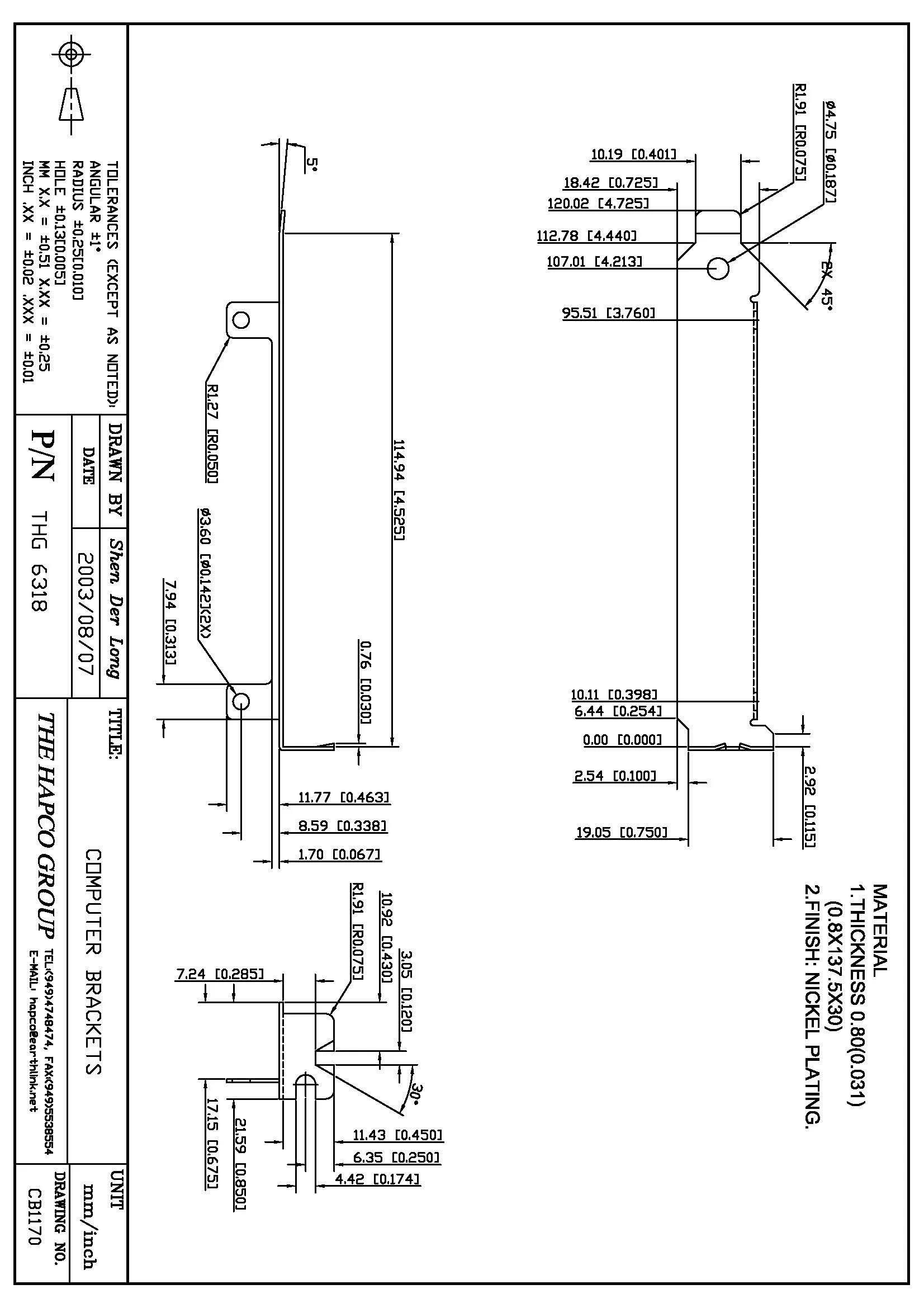 THG 6318 Full-Height PCI Bracket – Solid / No Cutouts – Nickel-Plated SPCC Steel