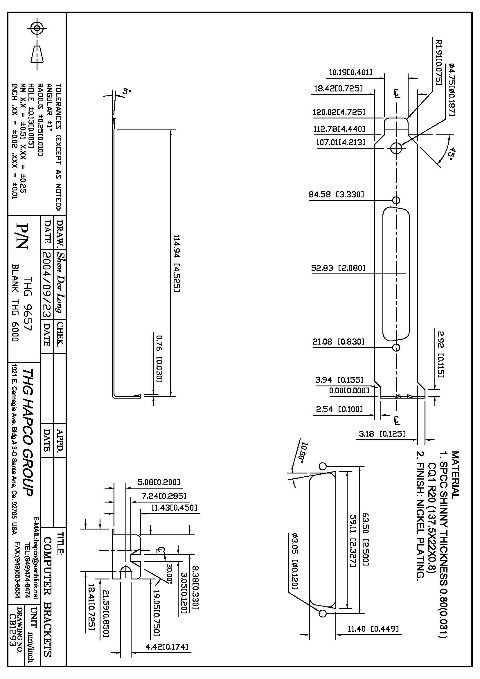 THG 9657 Full-Height PCI Bracket – DB25 Cutout – Nickel-Plated Steel