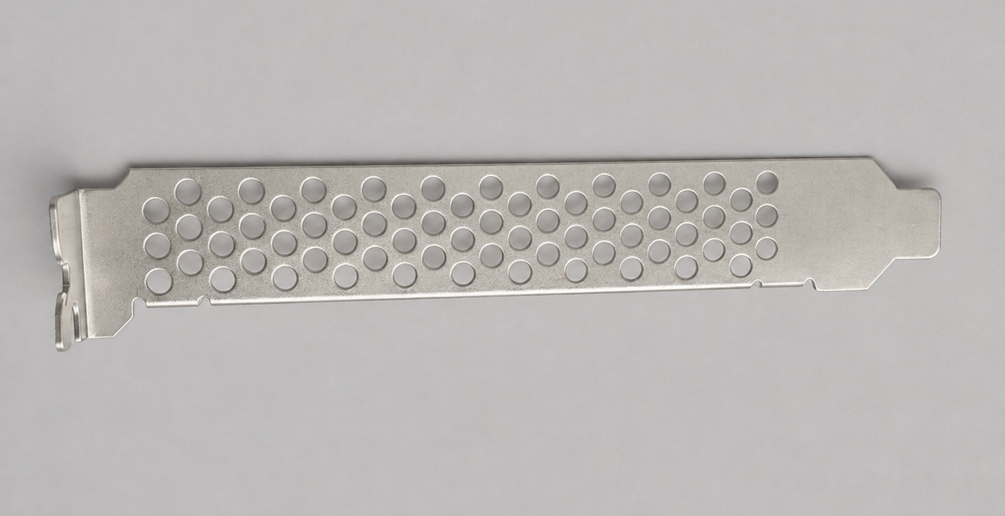 A metal perforated strip with multiple circular holes on a plain background.