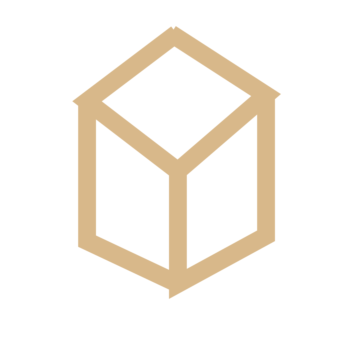 A beige, three-dimensional, wireframe geometric shape resembling an open box or cube on a black background.