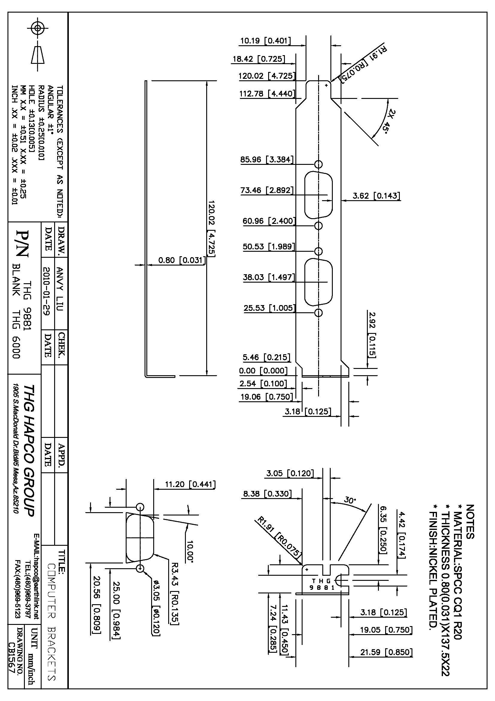 THG 9881 Full-Height PCI Bracket – Dual DB9 Cutouts – Nickel-Plated SPCC Steel