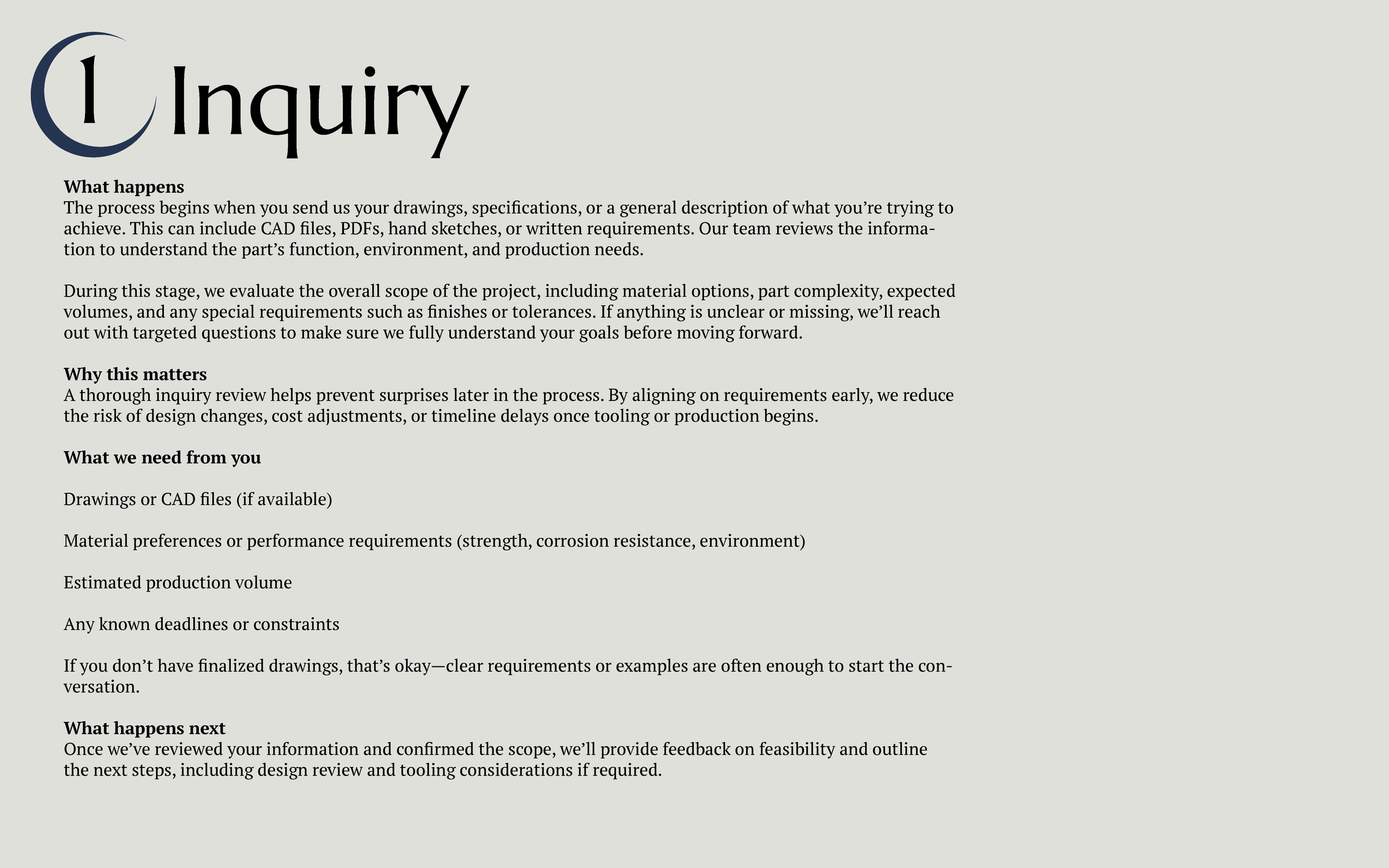A digital document titled '1 Inquiry' explaining the inquiry process, what happens, why it matters, what is needed from you, and what happens next, with black text on a light gray background.