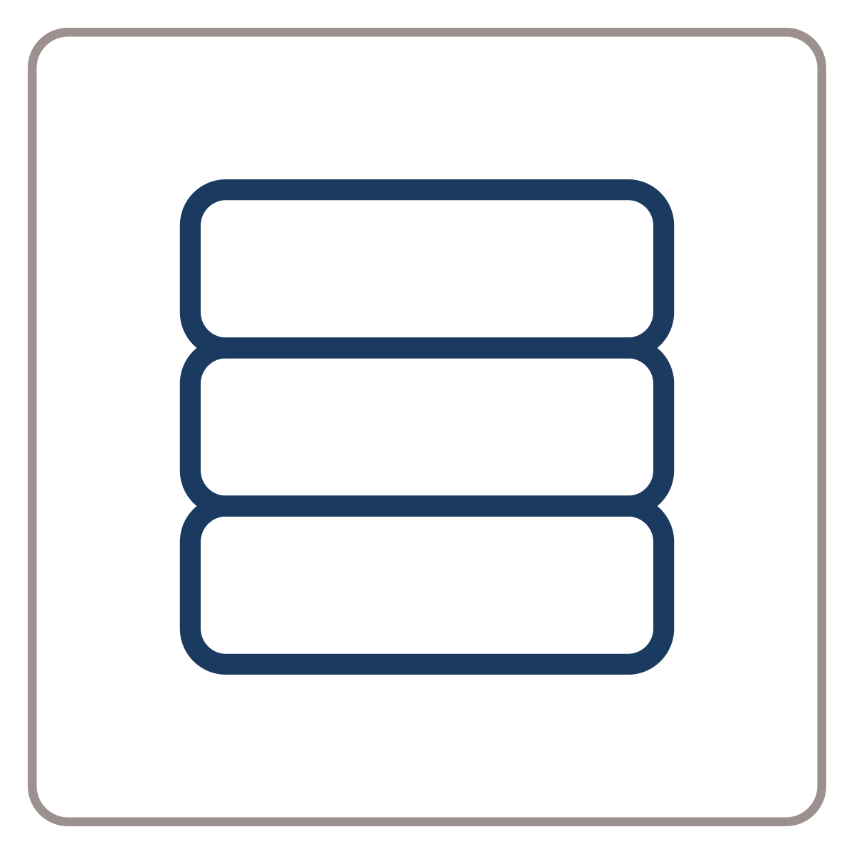 Icon of three horizontal pills stacked vertically, outlined in navy blue.
