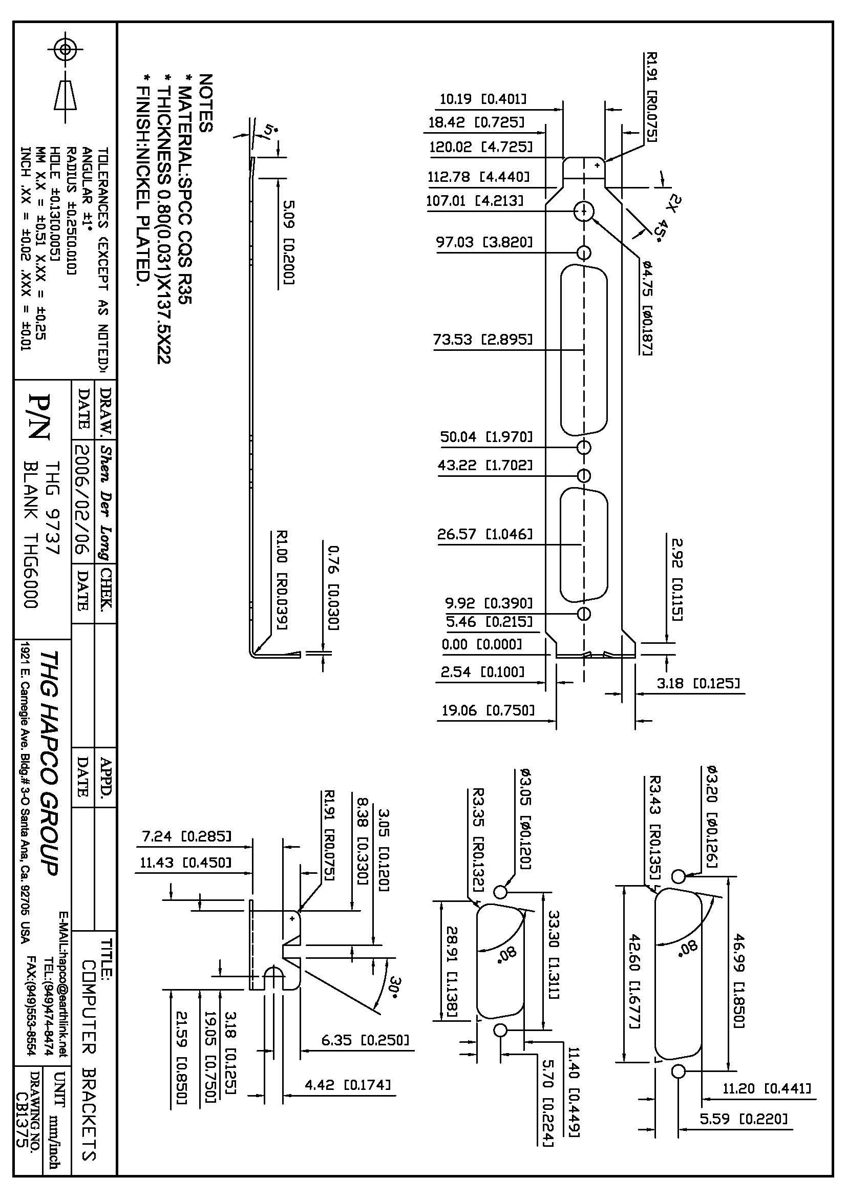 THG 9737 Full-Height PCI Bracket – DB9 Cutout – Nickel-Plated Steel