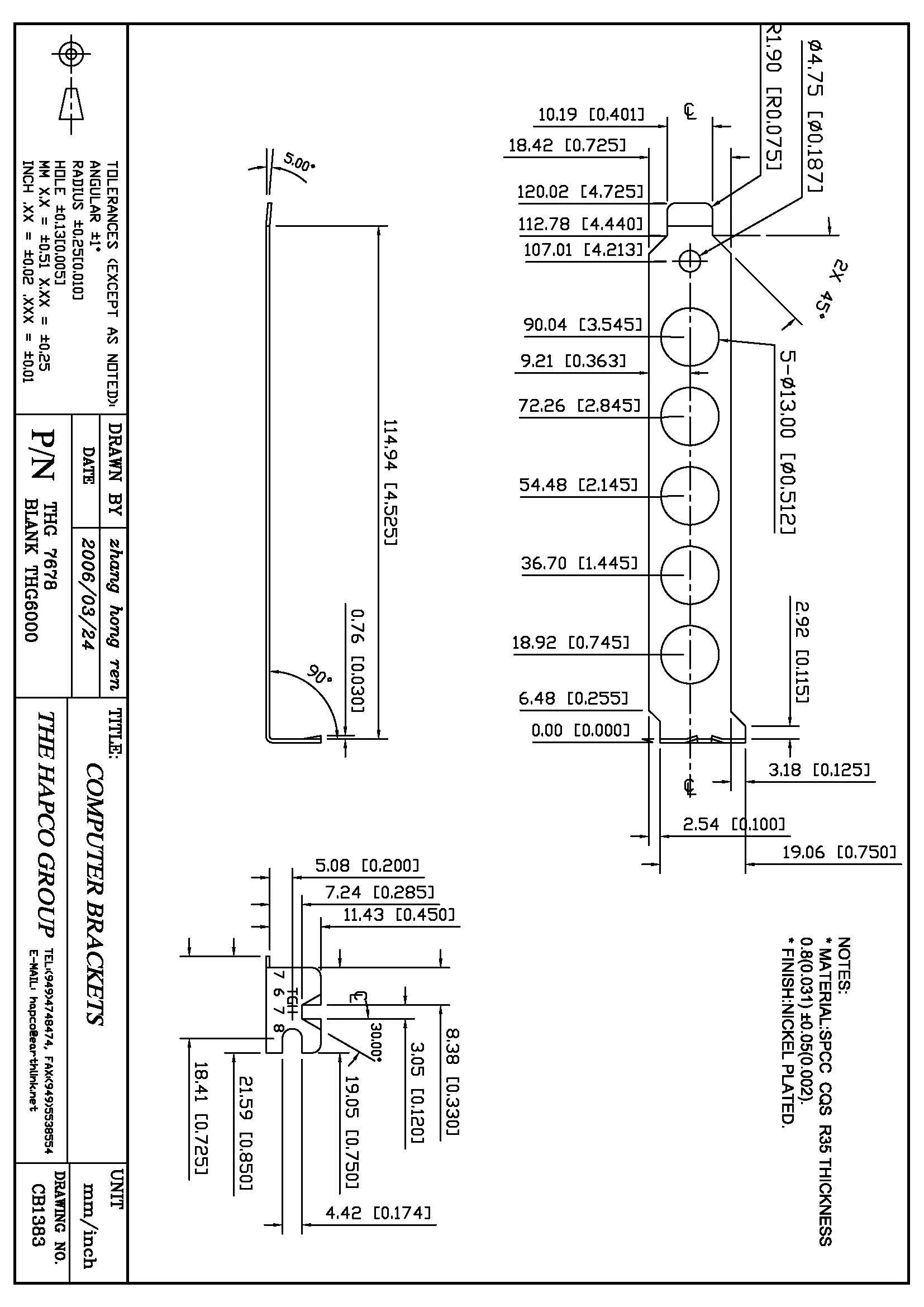 THG 7678 Full-Height PCI Bracket – Quint BNC Cutouts – Nickel-Plated SPCC Steel