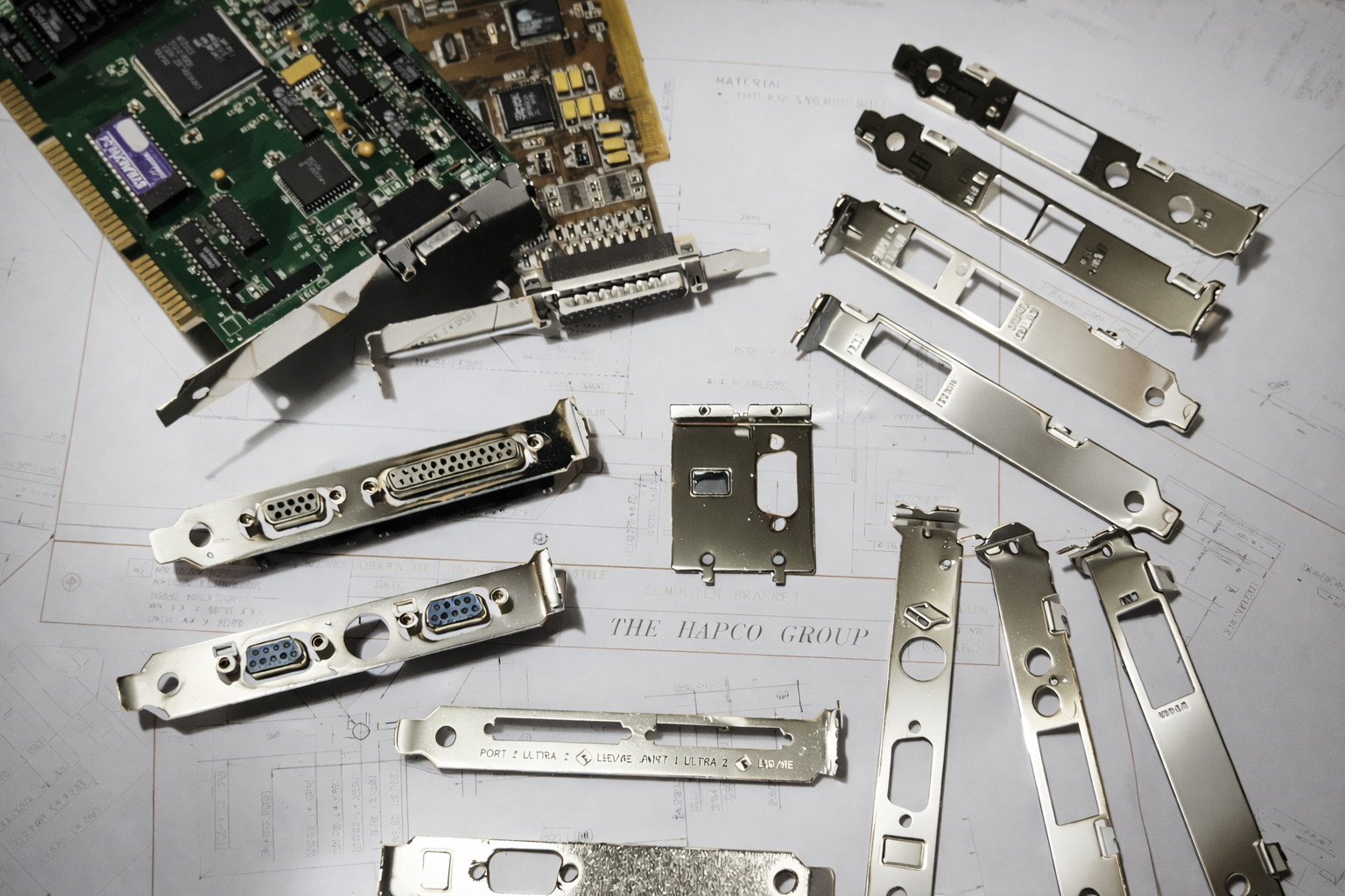 Electronics and computer hardware components laid out on technical drawings, including circuit boards, metal brackets, and ports.