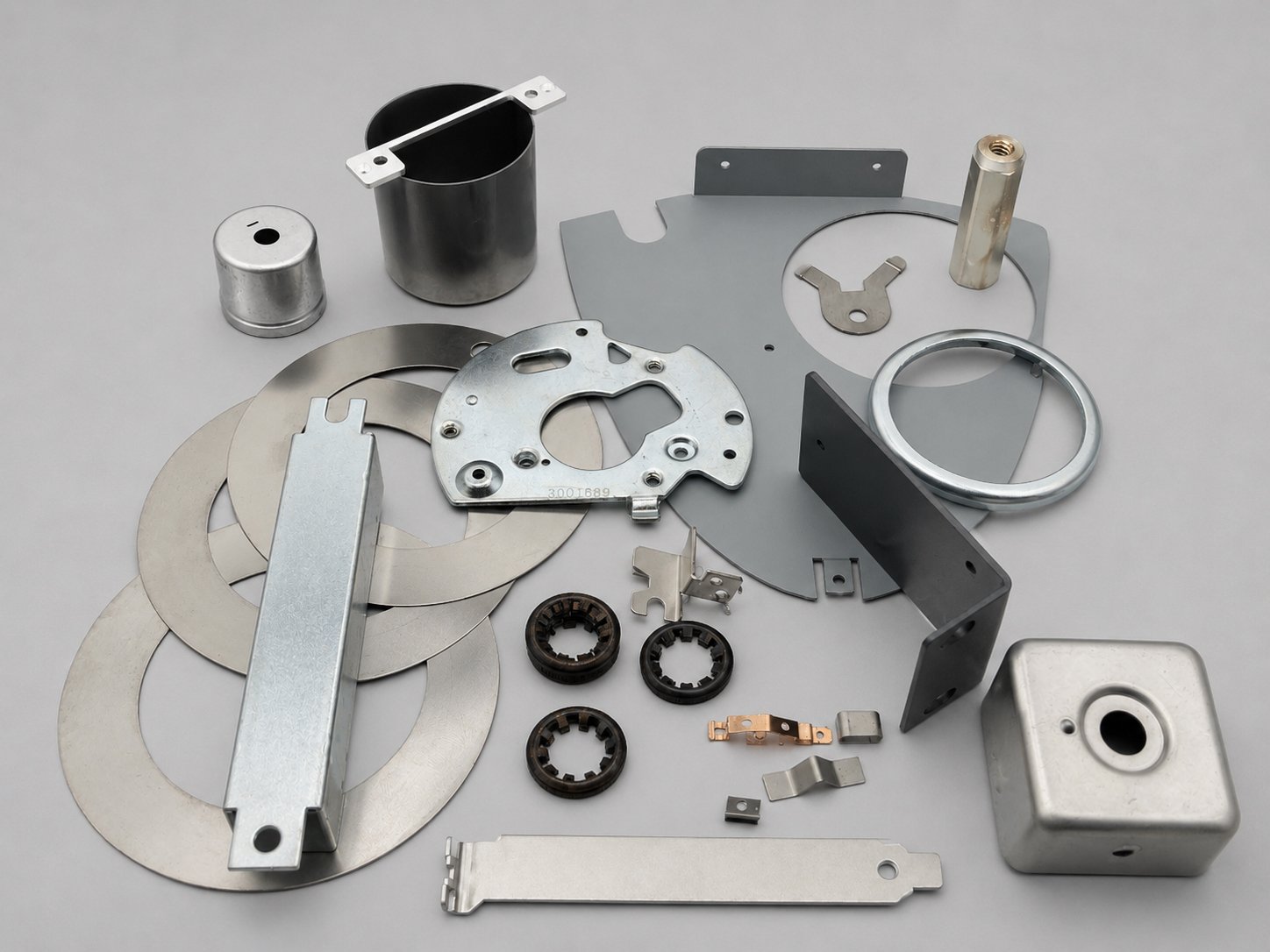 Various metal mechanical parts and components spread out on a flat surface, including rings, brackets, washers, small gears, and cylinders.
