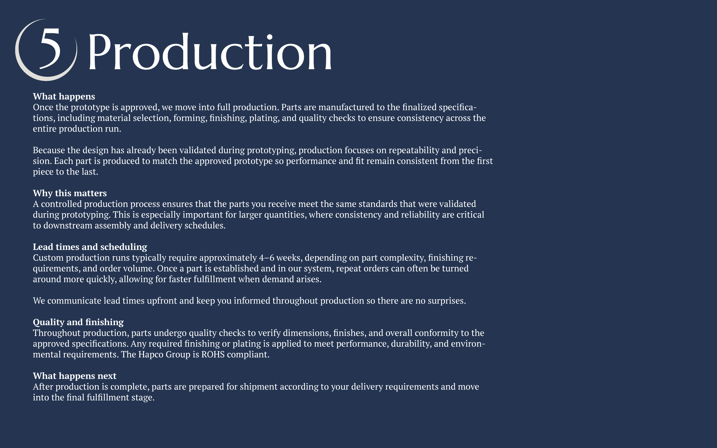 A page from a manual or guide titled '5 Production' explaining the steps of moving into full manufacturing, including sections on what happens during production, why it matters, lead times and scheduling, quality and finishing, and next steps.