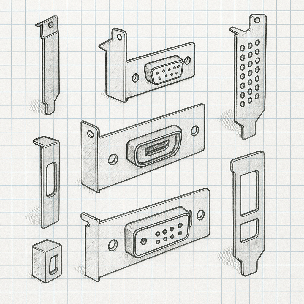 Technical drawing of various electronic connector parts, including VGA and HDMI ports, with separate mounting plates and brackets, sketched on graph paper.